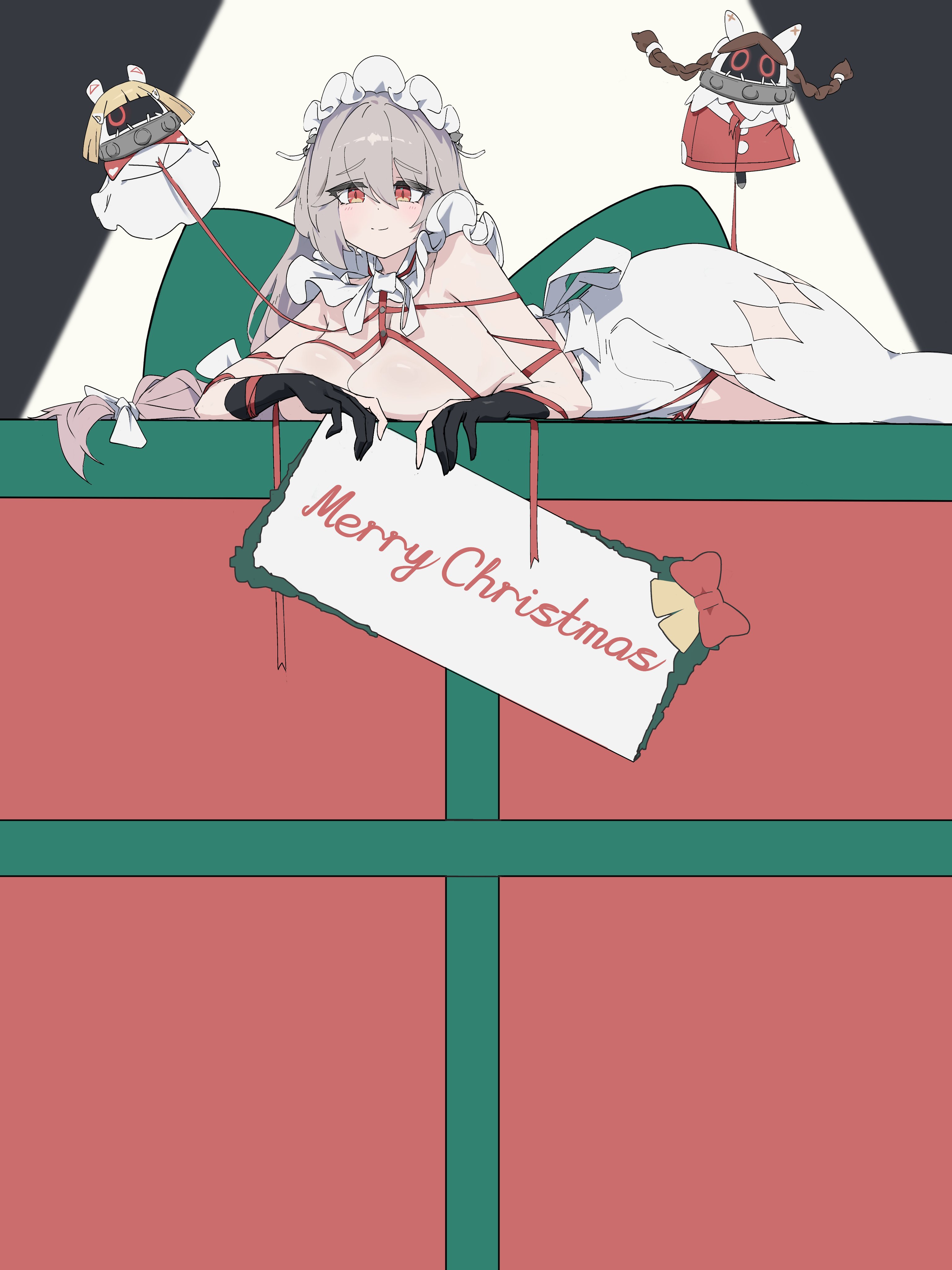 rimeye, alexandrina sebastiane, anastella (zenless zone zero), bangboo (zenless zone zero), drusilla (zenless zone zero), zenless zone zero, absurdres, commentary, commentary request, english commentary, highres, mixed-language commentary, 1girl, bare shoulders, black gloves, box, breasts, closed mouth, collar, cowboy shot, frilled collar, frills, gift, gift box, gloves, grey hair, hair ribbon, large breasts, long hair, looking at viewer, lying, maid headdress, merry christmas, on stomach, pantyhose, pantyhose cutout, partially fingerless gloves, red eyes, red ribbon, ribbon, sign, single leg pantyhose, smile, white pantyhose