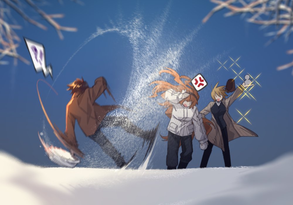 mercuryhx, don quixote (project moon), heathcliff (project moon), ishmael (project moon), limbus company, project moon, commentary, !?, 1boy, 2girls, anger vein, arm-up, bag, black pants, blonde hair, brown hair, brown jacket, full body, holding, holding bag, jacket, long hair, multiple girls, open mouth, orange hair, pants, short hair, slipping, smile, snow, snowman, sparkle, spoken anger vein, very long hair, winter