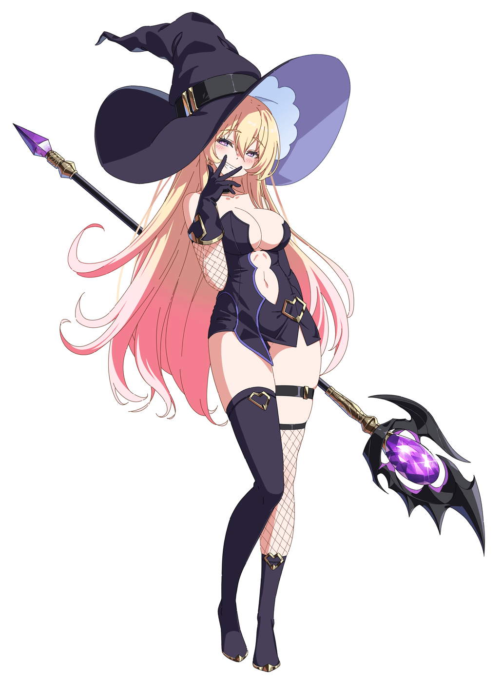 lost sword: tales of britania, game cg, highres, official art, third-party source, 1girl, asymmetrical clothes, asymmetrical dress, bare shoulders, black choker, black dress, black gloves, black hat, blonde hair, breasts, center opening, choker, circe (lost sword), collarbone, dress, eyebrows hidden by hair, fishnets, gem, gloves, gold trim, grin, hand to own mouth, hat, hat belt, holding, holding staff, large breasts, long hair, microdress, multicolored hair, navel, pink hair, purple eyes, purple gem, sidelocks, single thighhigh, skindentation, smile, staff, symbol-shaped pupils, thigh strap, thighhighs, transparent background, two-tone hair, two-tone hat, wide brim, witch, witch hat