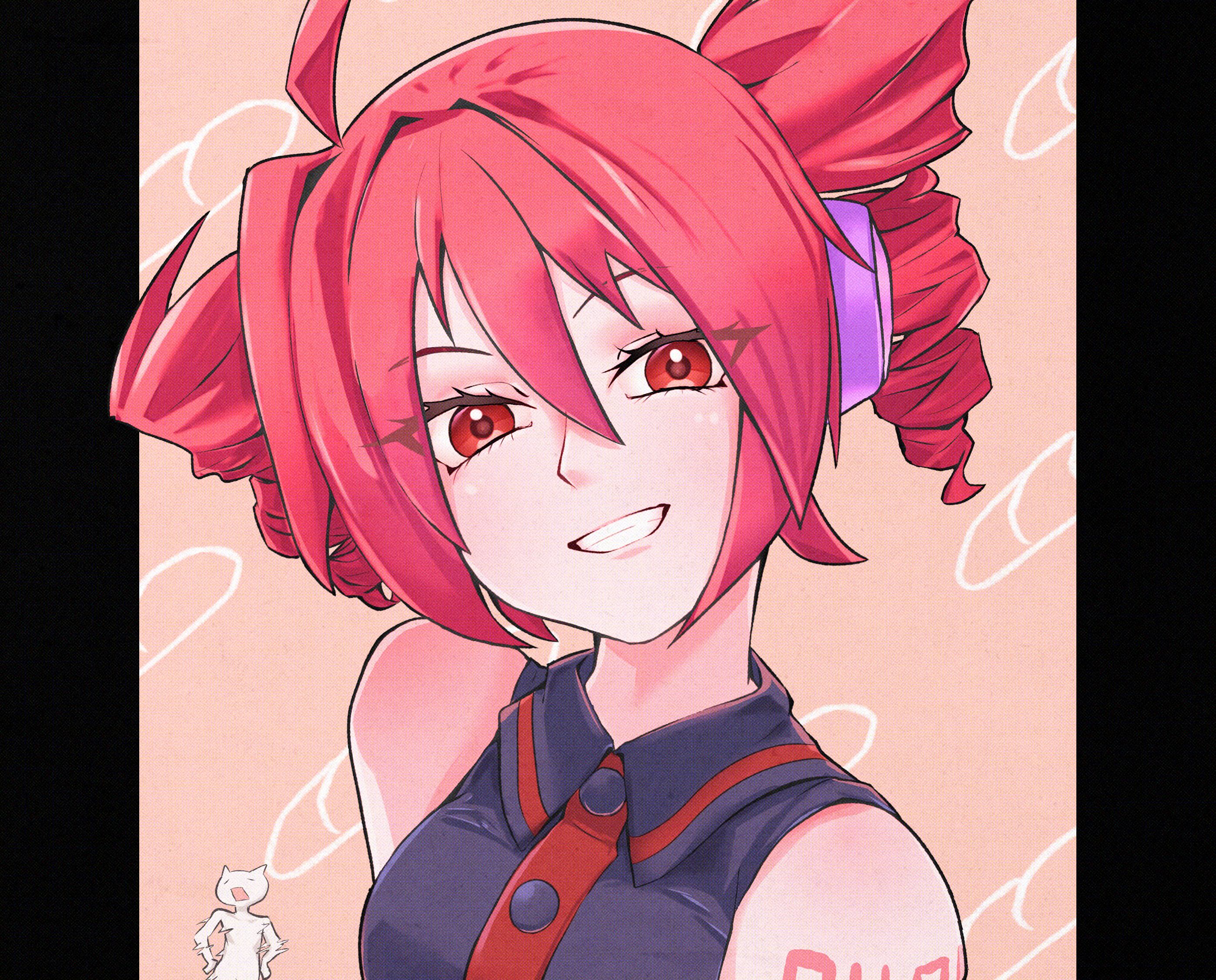 comargian, 8toushin, kasane teto, kasane teto (utau), fukkireta, utau, commentary request, highres, 1girl, ahoge, bare shoulders, buttons, collared shirt, drill hair, grey shirt, looking at viewer, outside border, pillarboxed, red eyes, red hair, shirt, sleeveless, sleeveless shirt, smile, twin drills