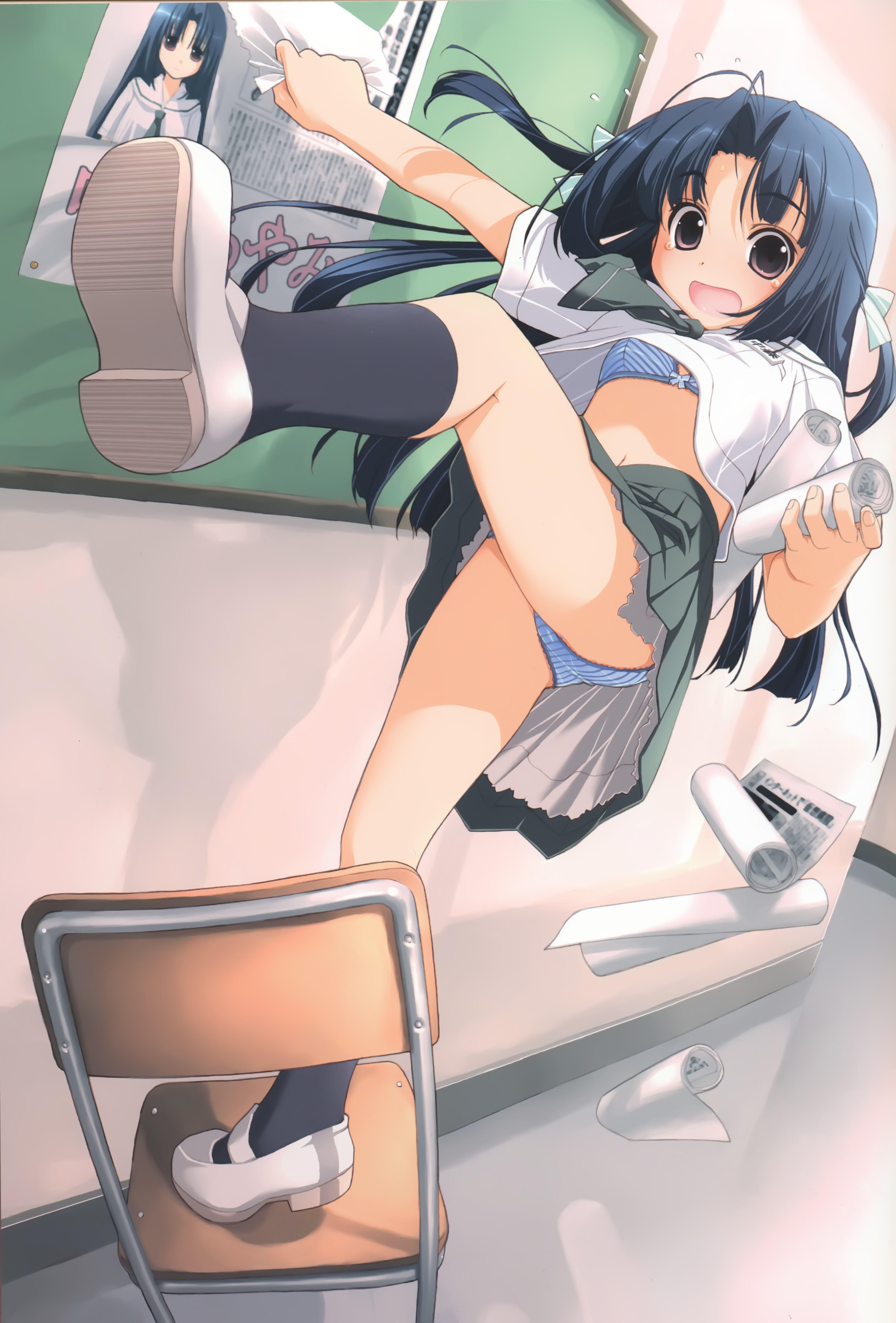 akata itsuki, original, absurdres, highres, 1girl, black socks, blue bra, blue panties, bra, chair, falling, female focus, kneehighs, lace, lace-trimmed panties, lace trim, lingerie, navel, panties, pantyshot, school uniform, shoes, socks, solo, striped bra, striped clothes, striped panties, tripping, underwear, upshirt, upskirt