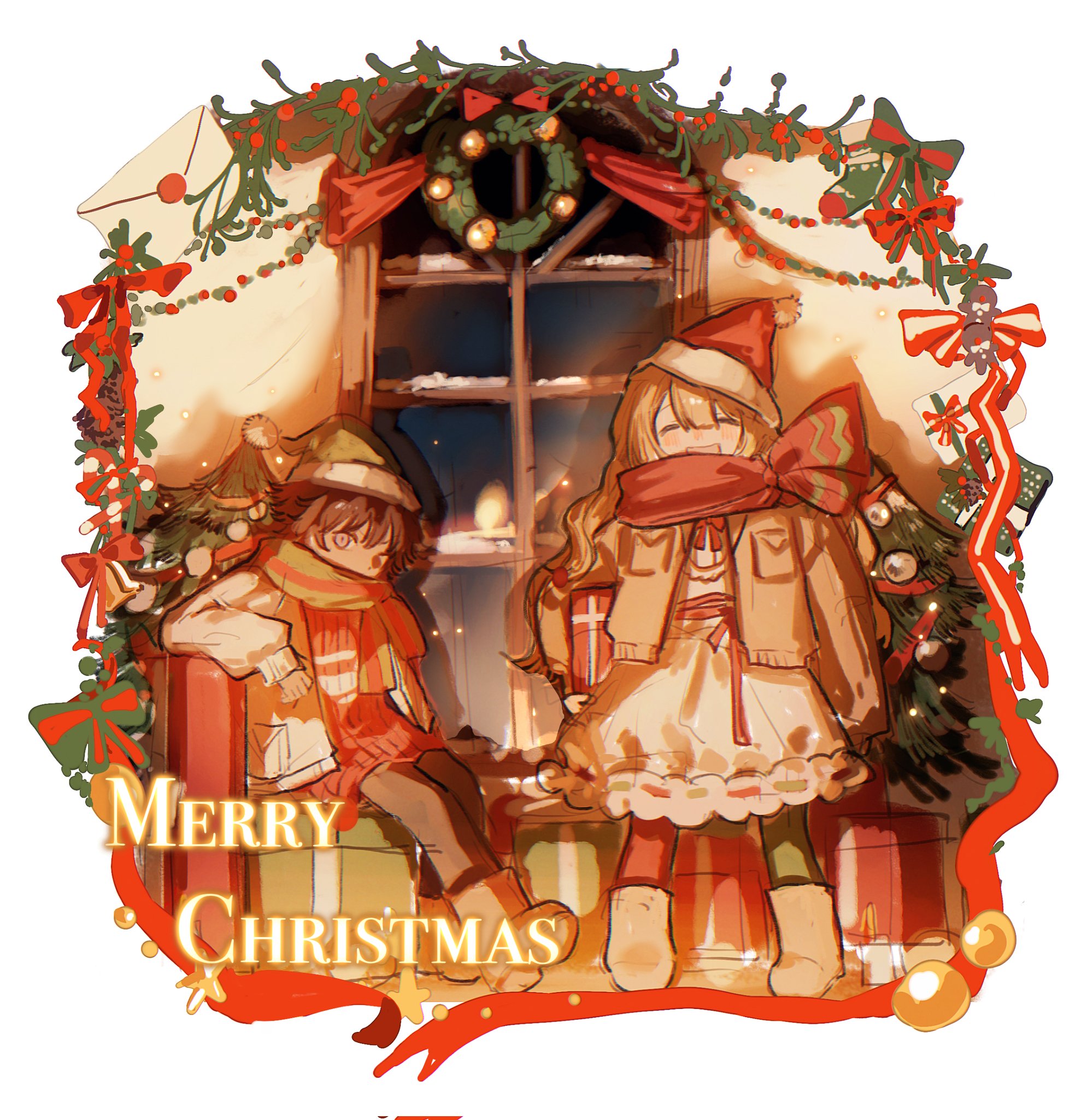 ling zhiyun, catherine (project moon), heathcliff (project moon), limbus company, project moon, commentary, highres, symbol-only commentary, 1boy, 1girl, black pants, blush, boots, bow, brown boots, brown hair, brown jacket, christmas, christmas present, christmas tree, christmas wreath, closed eyes, e.g.o (project moon), gift, green hat, hat, holiday (e.g.o), holly, jacket, looking at viewer, merry christmas, open mouth, pants, red bow, red hat, red scarf, santa hat, scarf, smile, snow, striped clothes, striped scarf, window, winter, wreath