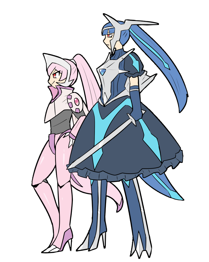 kasugai (de-tteiu), cartier (kasugai (de-tteiu)), dialga, eve (kasugai (de-tteiu)), palkia, nintendo, pokemon, commentary, 1boy, 1girl, blue dress, blue hair, boots, clawed gauntlets, detached sleeves, dragon tail, dress, fake horns, gen 4 pokemon, hands on own hips, high heel boots, high heels, high ponytail, holding, holding sword, holding weapon, horned headwear, horns, legendary pokemon, personification, pink hair, ponytail, red eyes, side-by-side, sword, tail, weapon, white background