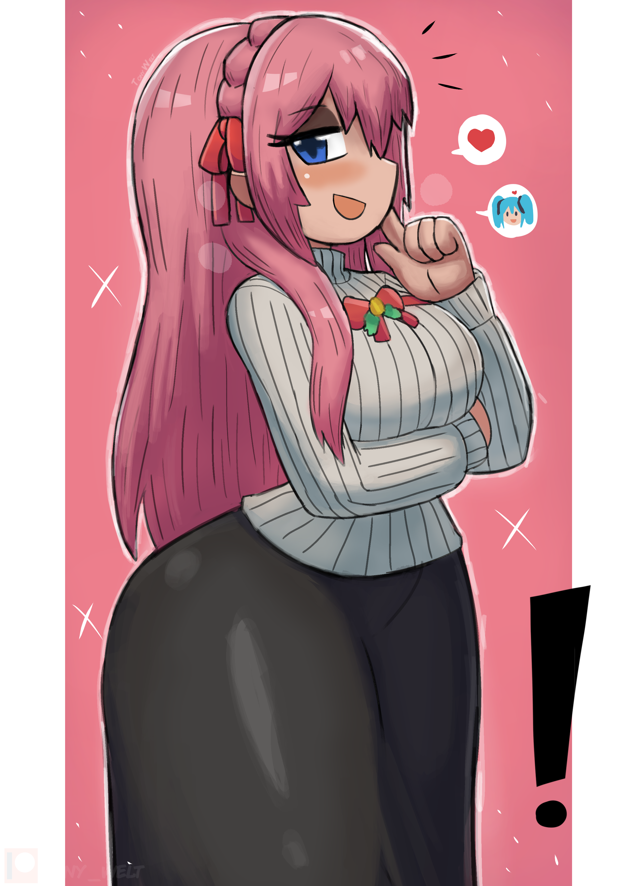 tony welt, hatsune miku, megurine luka, vocaloid, !, 1girl, black skirt, blue eyes, blush, bow, braid, breasts, christmas, crown braid, grey sweater, hair ribbon, heart, index finger raised, large breasts, long hair, long sleeves, looking at viewer, open mouth, pink background, pink hair, red bow, red ribbon, ribbon, skirt, smile, sparkle, speech bubble, spoken character, spoken heart, standing, sweater, thick thighs, thighs, wide hips, yuri