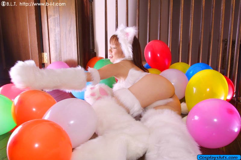 felicia (darkstalkers), blt, capcom, darkstalkers, photo (medium), animal ears, asian, ass, balloon, cat ears, cat tail, cosplay, felicia (darkstalkers) (cosplay), lying, red hair, tail, top-down bottom-up