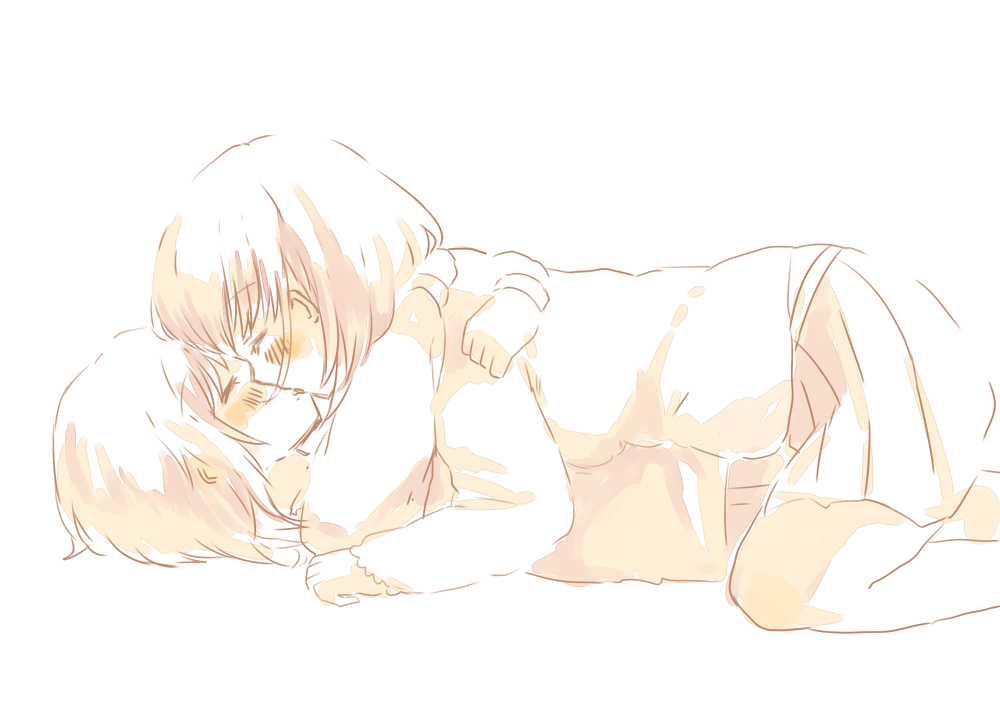 foomi, original, 2girls, blush, closed eyes, feet out of frame, girl on top, hug, kiss, lying, multiple girls, on back, pleated skirt, short hair, simple background, skirt, white background, yuri
