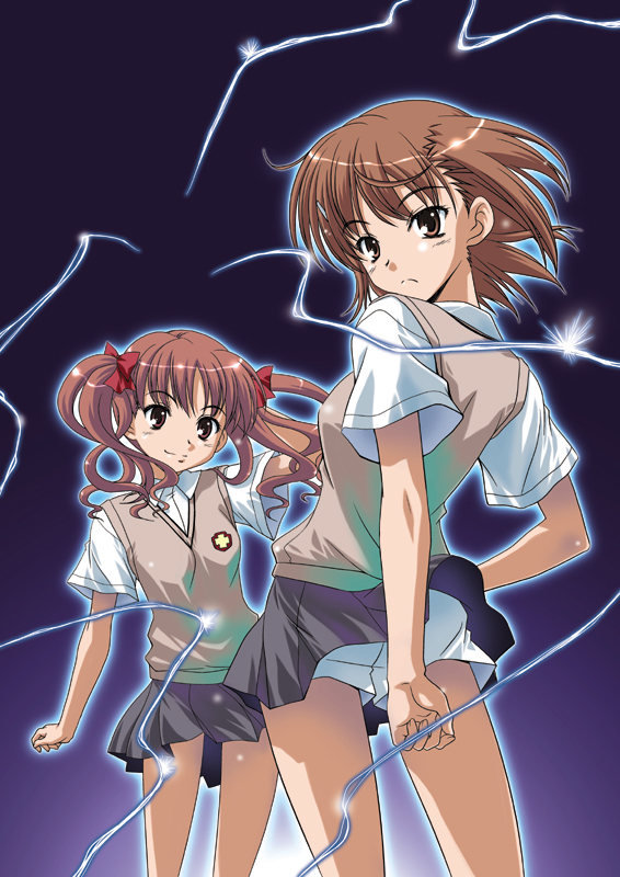 muichimon, misaka mikoto, shirai kuroko, toaru kagaku no railgun, toaru majutsu no index, psychic, 00s, 2girls, breasts, brown eyes, brown hair, brown sweater, brown vest, electricity, electrokinesis, fantasy, feet out of frame, female focus, from behind, glowing, grey skirt, hair ornament, hairclip, long hair, looking at viewer, looking back, medium breasts, miniskirt, multiple girls, pleated skirt, school uniform, science fiction, shirt, short hair, short shorts, short sleeves, shorts, shorts under skirt, skirt, small breasts, smile, standing, sweater, sweater vest, t-shirt, thighs, tokiwadai school uniform, twintails, vest, white shorts