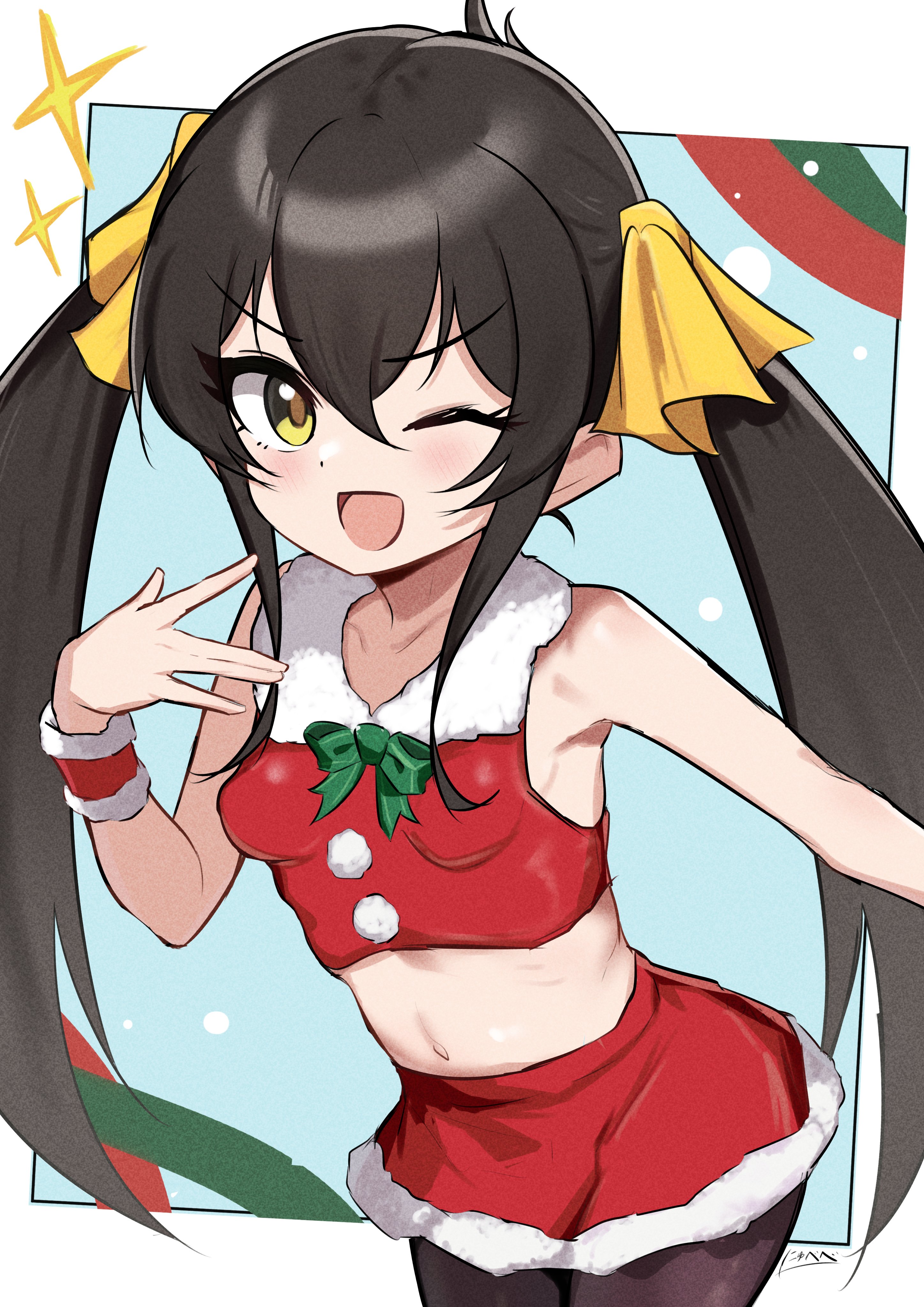 nyubebe, matoba risa, idolmaster, idolmaster cinderella girls, absurdres, commentary request, highres, :d, black hair, black pantyhose, breasts, christmas, fur trim, hair between eyes, long hair, midriff, miniskirt, navel, one eye closed, open mouth, pantyhose, santa costume, sidelocks, skirt, small breasts, smile, snow, twintails, yellow eyes