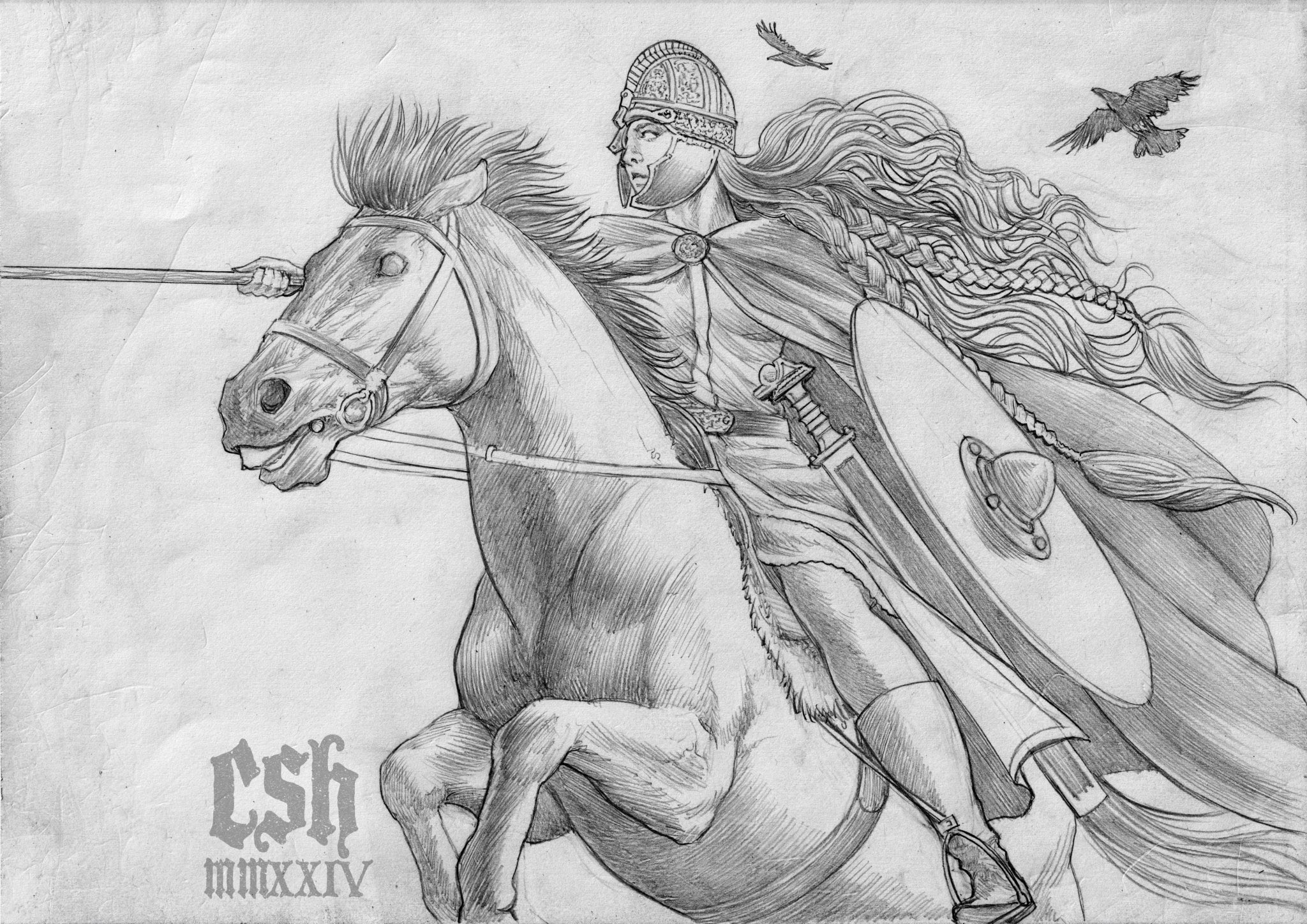christian sloan hall, norse mythology, commentary, english commentary, graphite (medium), highres, traditional media, 1girl, artist name, belt, bird, boots, braid, cape, crow, flying, greyscale, helmet, holding, holding polearm, holding shield, holding weapon, horse, horseback riding, long hair, monochrome, polearm, riding, saddle, shield, solo, spear, sword, twin braids, valkyrie, weapon