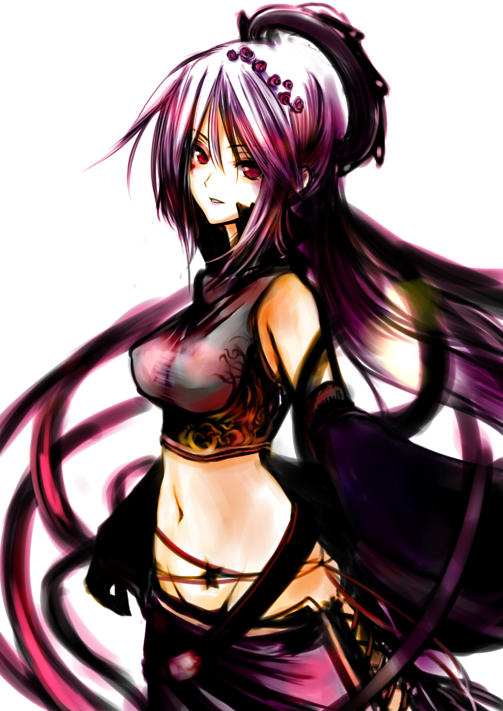 virus (obsession), kananpuu, sangokushi taisen, bad id, bad pixiv id, highres, 1girl, detached sleeves, female focus, flower, groin, hair ornament, long hair, midriff, navel, purple eyes, purple hair, solo, star (symbol), very long hair