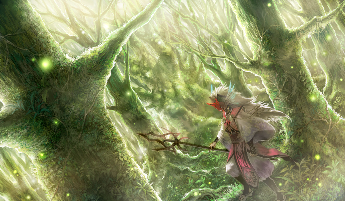 aioka, original, bad id, bad pixiv id, gender request, androgynous, bug, fantasy, fireflies, firefly, forest, headdress, mask, moss, nature, scenery, solo, staff
