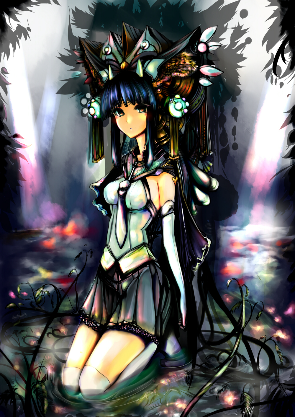 virus (obsession), original, bad id, bad pixiv id, highres, 1girl, blue hair, breasts, elbow gloves, female focus, gloves, hair ornament, kneeling, long hair, necktie, skirt, solo, thighhighs, very long hair