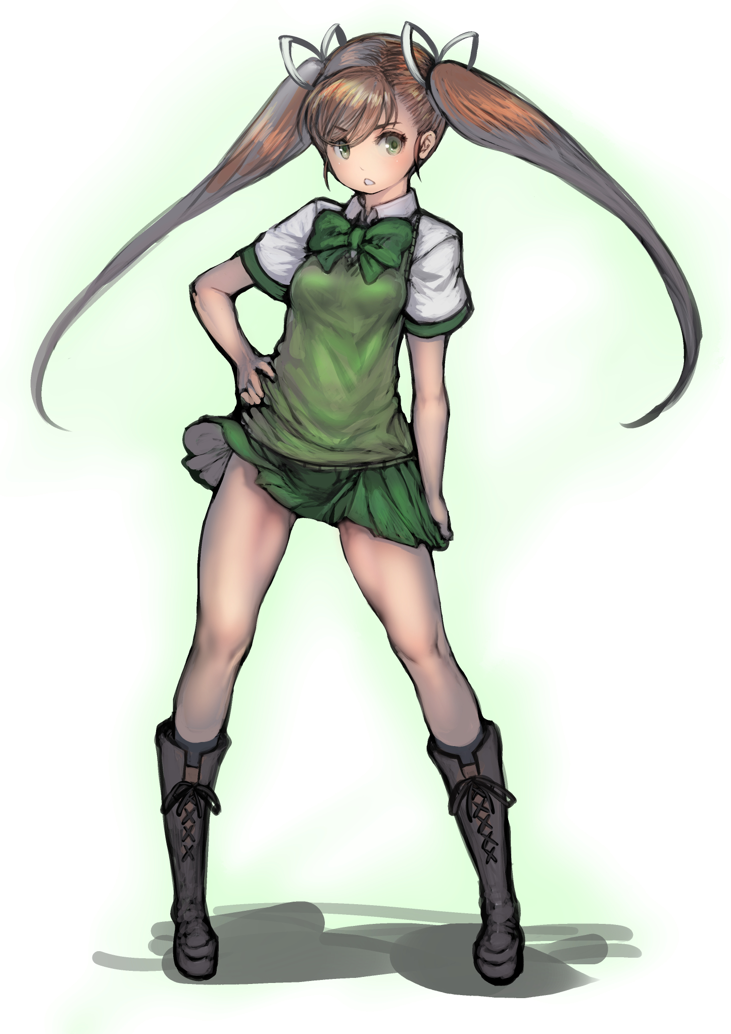 johan (johan13), nanase (under night in-birth), under night in-birth, commentary request, highres, 1girl, boots, bow, bowtie, breasts, brown hair, collared shirt, contrapposto, full body, green bow, green bowtie, green eyes, green skirt, green sweater vest, hair ribbon, hand on own hip, legs, legs apart, long hair, miniskirt, open mouth, ribbon, school uniform, shirt, short sleeves, skirt, small breasts, solo, standing, sweater vest, twintails, white background, white mouth, white ribbon, white shirt