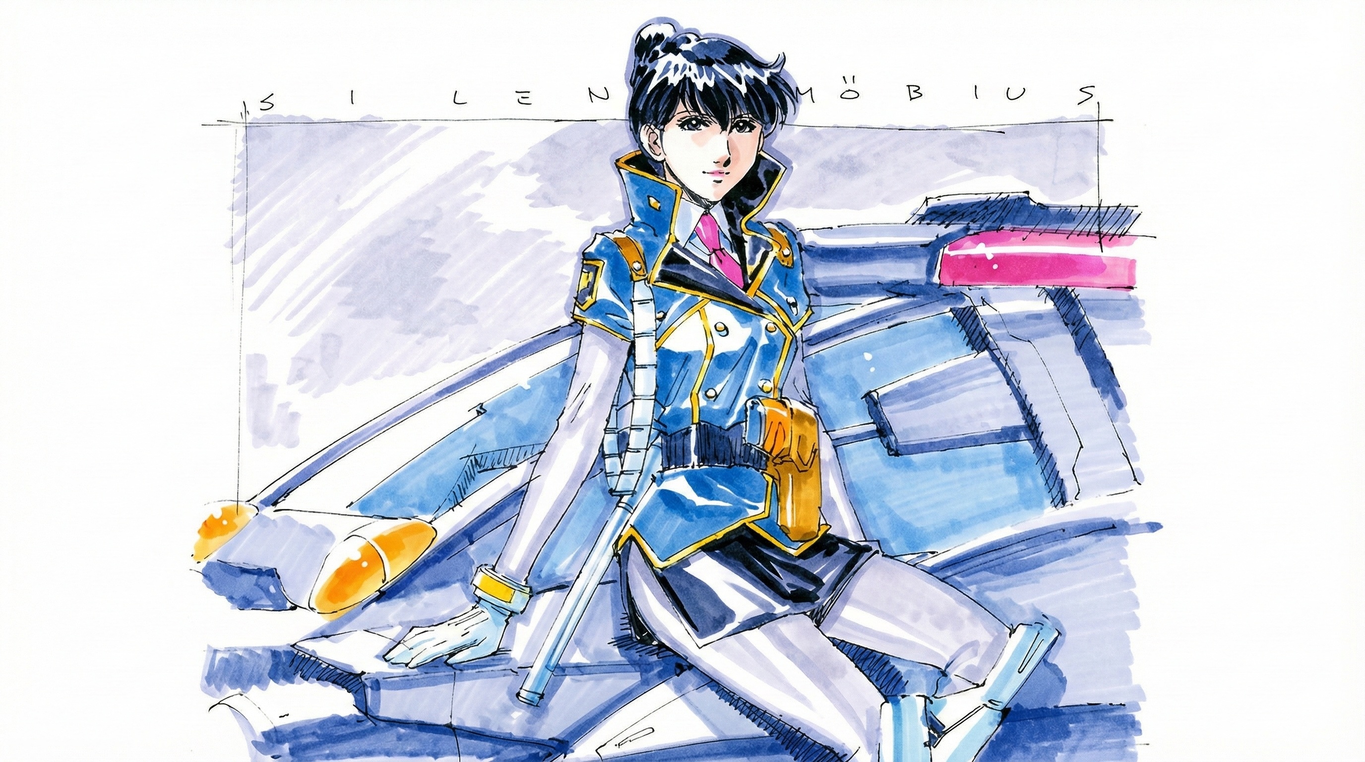 katsumi liqueur, silent moebius, commission, highres, marker (medium), traditional media, 1girl, black eyes, blue jacket, breasts, car, copyright name, gloves, hair bun, jacket, medium breasts, motor vehicle, single hair bun, sitting, smile, solo, watermark, white gloves