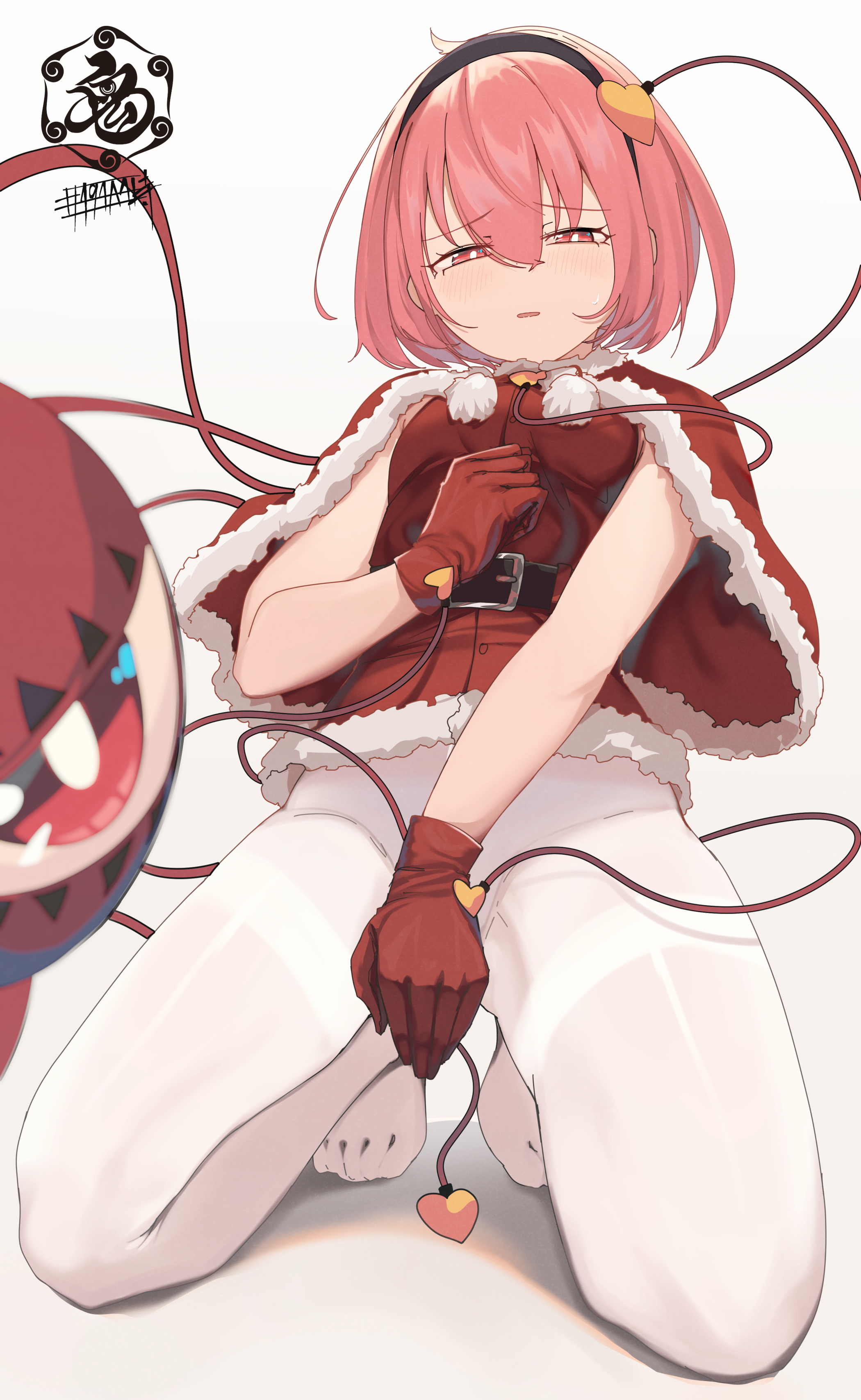 senzaicha kasukadoki, komeiji satori, touhou, absurdres, check commentary, commentary request, highres, 1girl, belt, black belt, black hairband, blush, capelet, covering crotch, covering privates, eyeball, full body, fur-trimmed capelet, fur trim, gloves, hair ornament, hairband, heart, heart hair ornament, kneeling, nervous, no pants, no shoes, pantyhose, parted lips, pink eyes, pink hair, pom pom (clothes), red capelet, red gloves, red shirt, santa costume, shirt, short hair, simple background, sleeveless, sleeveless shirt, solo, sweat, third eye, watermark, white background, white pantyhose