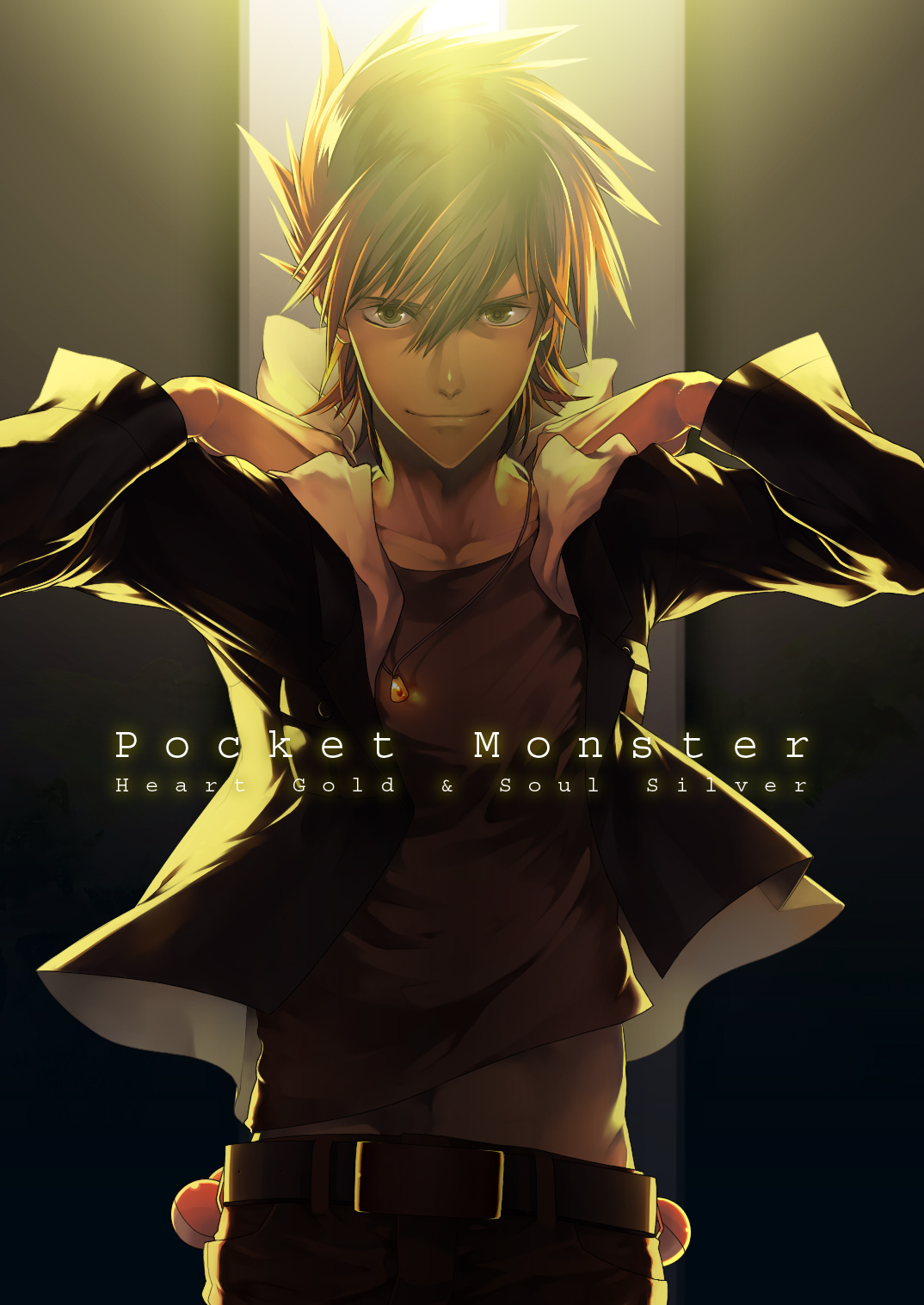 ishida shouji, blue oak, blue oak (pokemon hgss), nintendo, pokemon, pokemon hgss, highres, 00s, 1boy, brown hair, copyright name, green eyes, gym leader, jacket, jewelry, male focus, midriff, navel, necklace, poke ball, smile, solo, waist poke ball