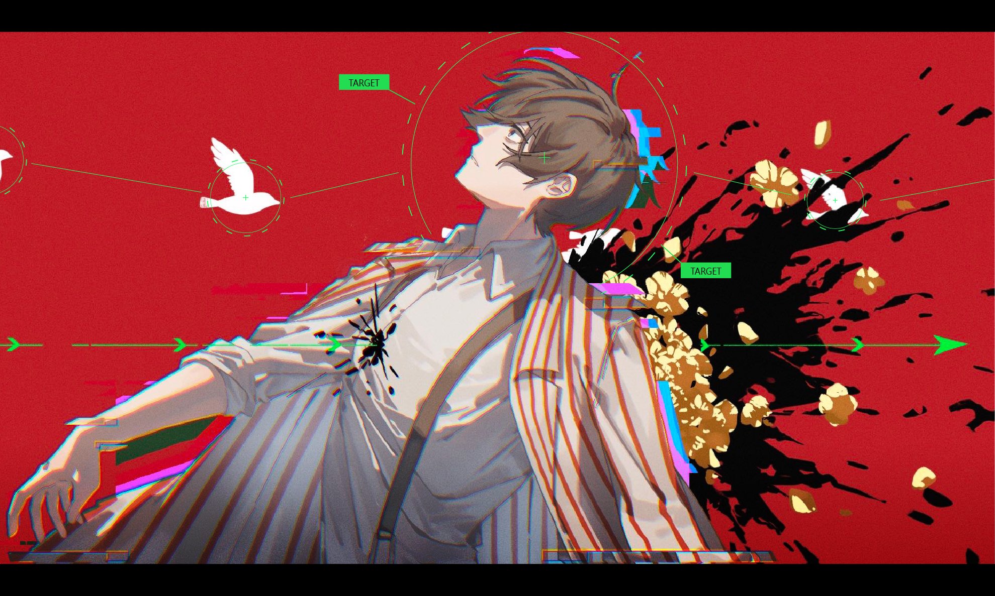 pudding 1106, yi sang (project moon), limbus company, project moon, commentary request, highres, 1boy, arrow (symbol), bird, black blood, black eyes, black hair, blood, closed mouth, coat, crow's eye view (e.g.o), e.g.o (project moon), long sleeves, looking up, male focus, red background, simple background, sleeves rolled up, solo, striped coat, suspenders, upper body, white coat