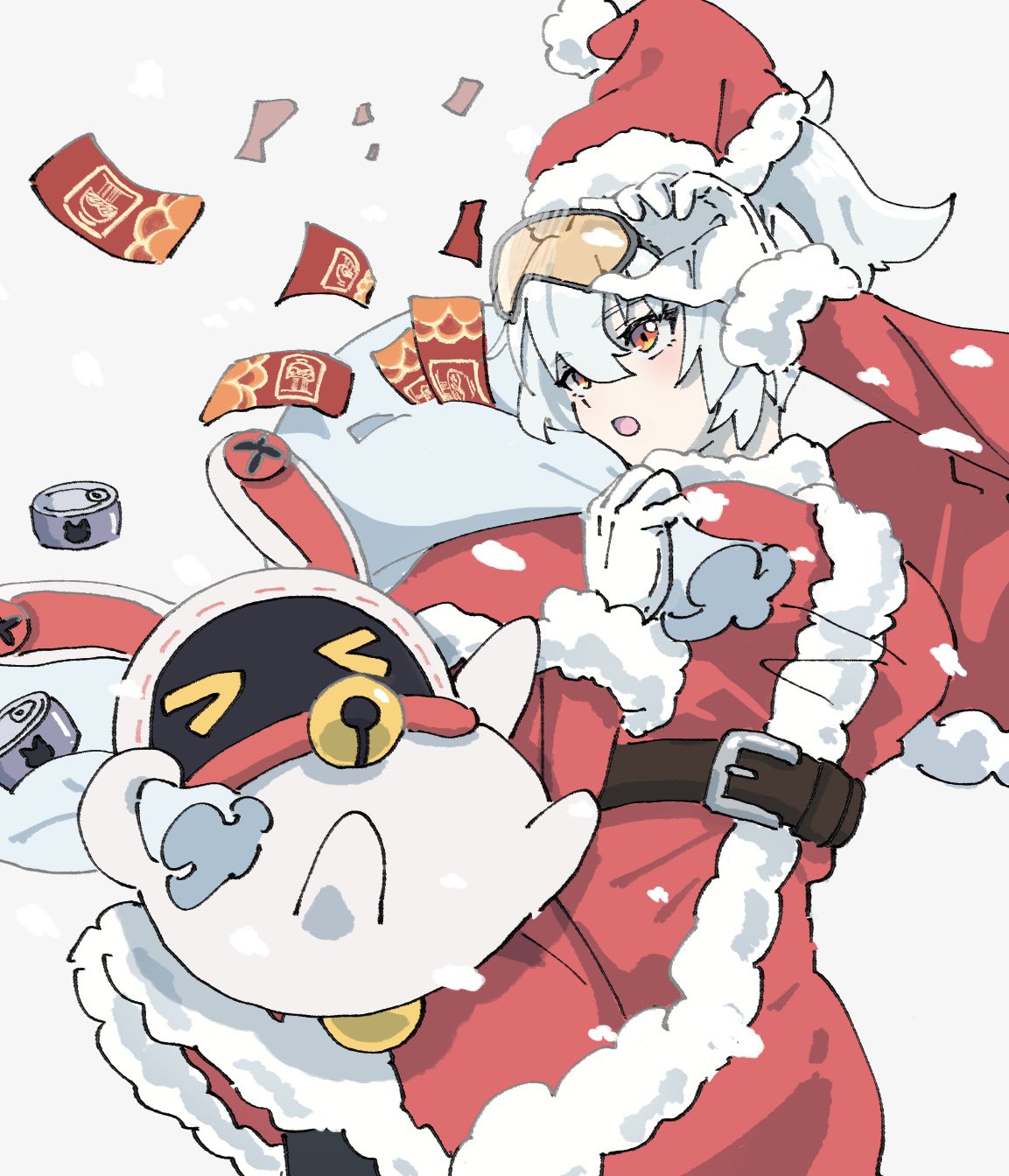 bangboo (zenless zone zero), luckyboo (zenless zone zero), soldier 11 (zenless zone zero), zenless zone zero, commentary request, highres, > <, 1girl, adjusting eyewear, alternate costume, bell, breasts, coupon, cowboy shot, dress, fur-trimmed dress, fur-trimmed headwear, fur trim, gloves, goggles, grey background, grey hair, hat, holding, holding sack, large breasts, looking to the side, neck bell, netsu 0716, open mouth, pom pom (clothes), ponytail, red dress, red eyes, sack, santa costume, santa dress, santa hat, simple background, snowing, tinted eyewear, white gloves, yellow-tinted eyewear