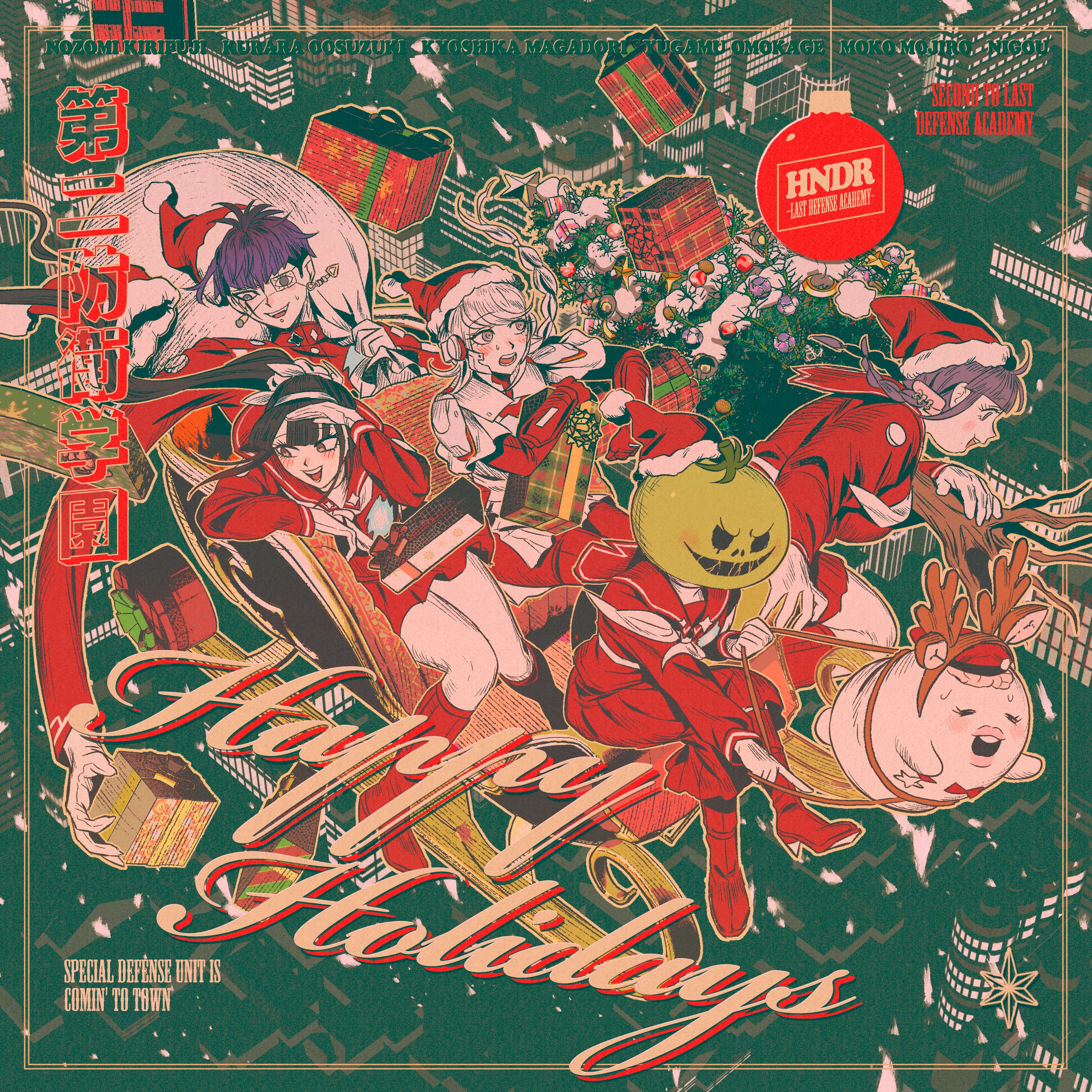 mihen, kirifuji nozomi, magadori kyoshika, mojiro moko, nigou (hundred line), omokage yugamu, oosuzuki kurara, the hundred line -last defense academy-, absurdres, commentary, english commentary, highres, mixed-language commentary, 1boy, 4girls, animal ear hairband, animal ears, antlers, armor, bag, black hair, blue hair, bodysuit, boots, braid, brain, character name, christmas, deer ears, earrings, english text, eye print, eyepatch, face piercing, fake animal ears, fake antlers, flying, gakuran, gauntlets, gift, gloves, grey eyes, hair ornament, hairband, happy holidays, hat, holding, holding bag, holding christmas tree, holding gift, holding reins, horns, jacket, jewelry, last defense academy school uniform, long arms, long hair, masked, multicolored hair, multiple girls, neckerchief, piercing, pointing, pointing forward, ponytail, print eyepatch, purple hair, red boots, red hat, red jacket, red sailor collar, red serafuku, red skirt, reindeer antlers, reins, roots (hair), sailor collar, santa hat, school uniform, serafuku, short hair, sitting, skirt, sleigh, smile, sweat, sweatdrop, twin braids, white bodysuit, white gloves, white hairband, white neckerchief