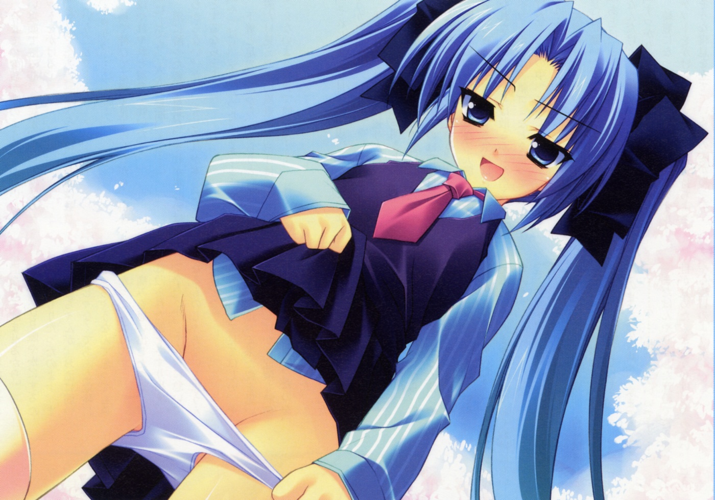 suzuhira hiro, shiki ai, r g b, 1girl, blue eyes, blue hair, blush, clothes lift, dutch angle, female focus, loli, matching hair/eyes, naughty face, panties, panty pull, ribbon, skirt, skirt lift, solo, twintails, underwear, undressing, white panties