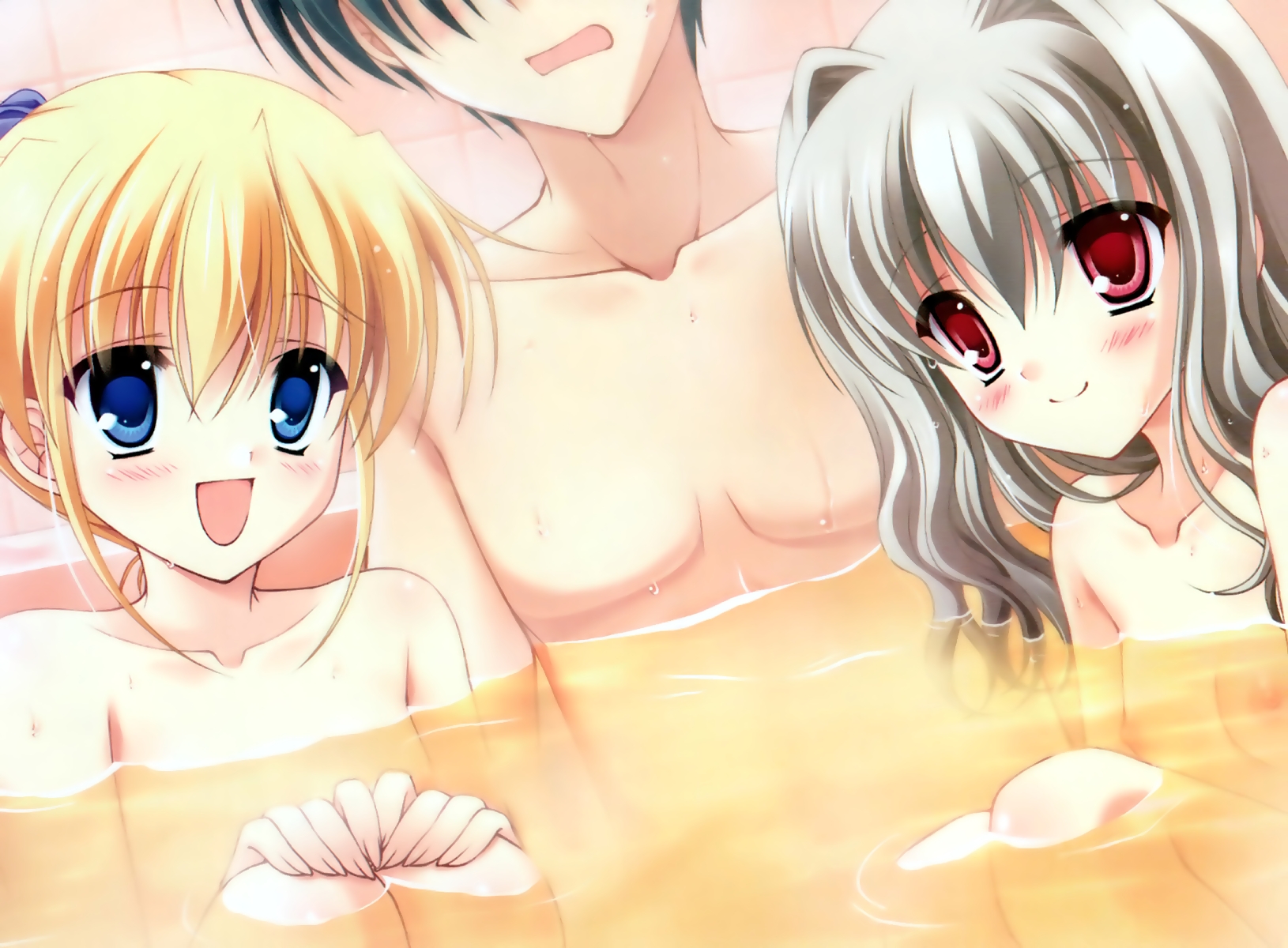 tanihara natsuki, aisia, asakura jun'ichi, yoshino sakura, da capo, da capo ii, silver hair, highres, 00s, 1boy, 2girls, bath, blonde hair, blue eyes, blush, flat chest, loli, long hair, mixed-sex bathing, multiple girls, nude, red eyes, shared bathing, smile, water