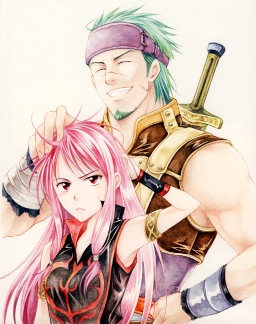 agahari, gerik (fire emblem), marisa (fire emblem), fire emblem, fire emblem: the sacred stones, nintendo, armlet, armpits, closed eyes, completely unamused, facial hair, goatee, green facial hair, green hair, hair down, hand on own hip, headband, headpat, hip focus, jewelry, long hair, muscular, pink hair, red eyes, ruffling hair, scar, sleeveless, smile, sweat, sword, unamused, weapon, wristband