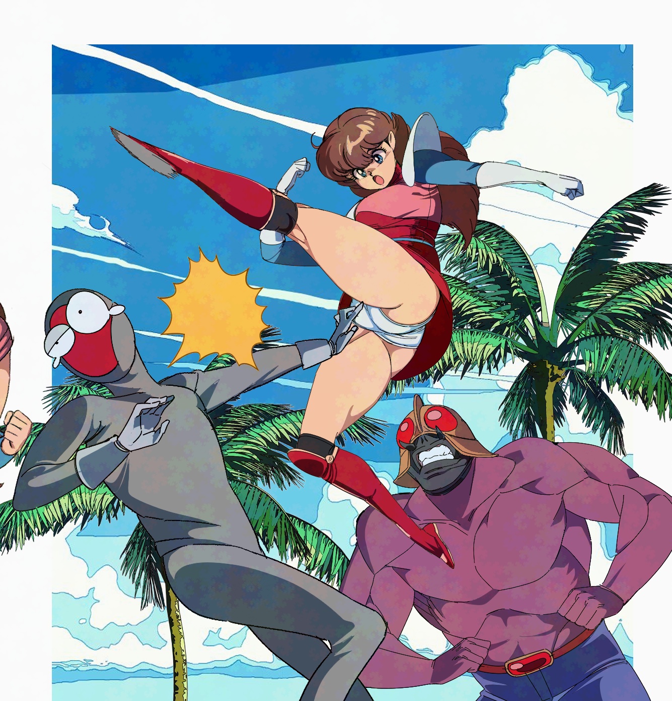 shimadai587779, kanda momo, wonder momo, commentary request, highres, 1girl, 2boys, ass, belt, black eyes, blue eyes, blue pants, blue sky, bodysuit, boots, brown belt, brown hair, clenched teeth, cloud, colored skin, day, dress, flying kick, gloves, grey bodysuit, grey gloves, helmet, kicking, kneepits, leg up, long hair, looking at another, modoki (wonder momo), multiple boys, muscular, muscular male, open mouth, outdoors, palm tree, panties, pants, pantyshot, purple skin, red boots, red dress, shamoan (wonder momo), short dress, shoulder pads, sky, standing, teardrop, teeth, topless male, tree, underwear, v-shaped eyebrows, white gloves, white panties
