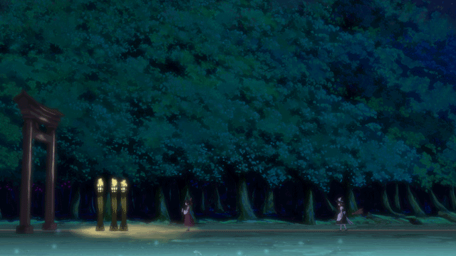 hakurei reimu, kirisame marisa, silent sinner in blue, touhou, touhou bougetsushou, animated, animated gif, female focus, forest, nature, night, torch, torii, touhou anime project