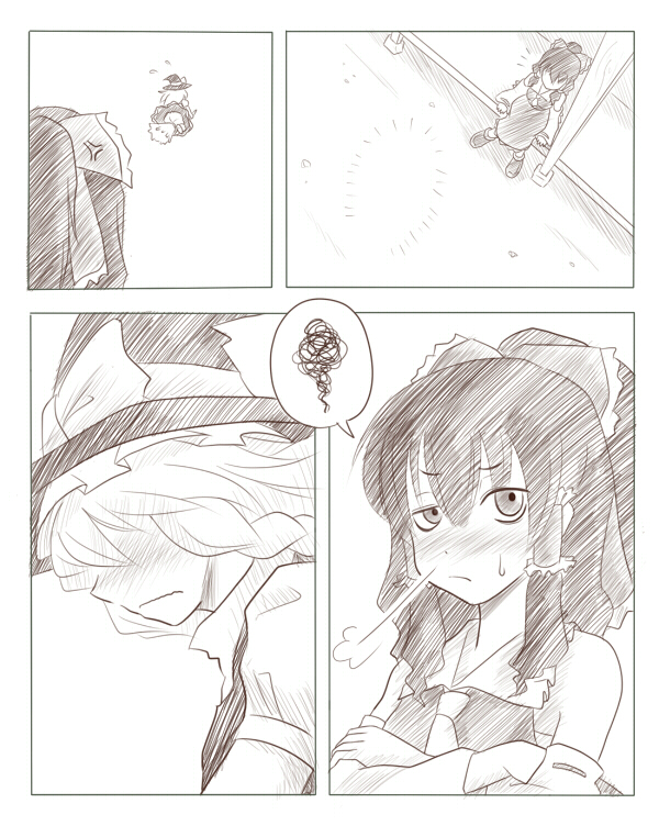 ao usagi, hakurei reimu, kirisame marisa, touhou, 2girls, bad end, blush, comic, female focus, greyscale, monochrome, multiple girls, silent comic