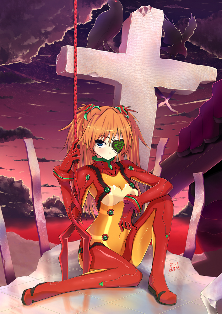 kendo (artist), souryuu asuka langley, evangelion: 2.0 you can (not) advance, neon genesis evangelion, rebuild of evangelion, 00s, 1girl, bident, bird, blue eyes, bodysuit, cloud, cross, crow, evening, eyepatch, female focus, full body, glowing, glowing eye, glowing eyes, lance of longinus (evangelion), long hair, mecha pilot suit, orange hair, outdoors, plugsuit (evangelion), polearm, sitting, sky, solo, test plugsuit (evangelion), weapon