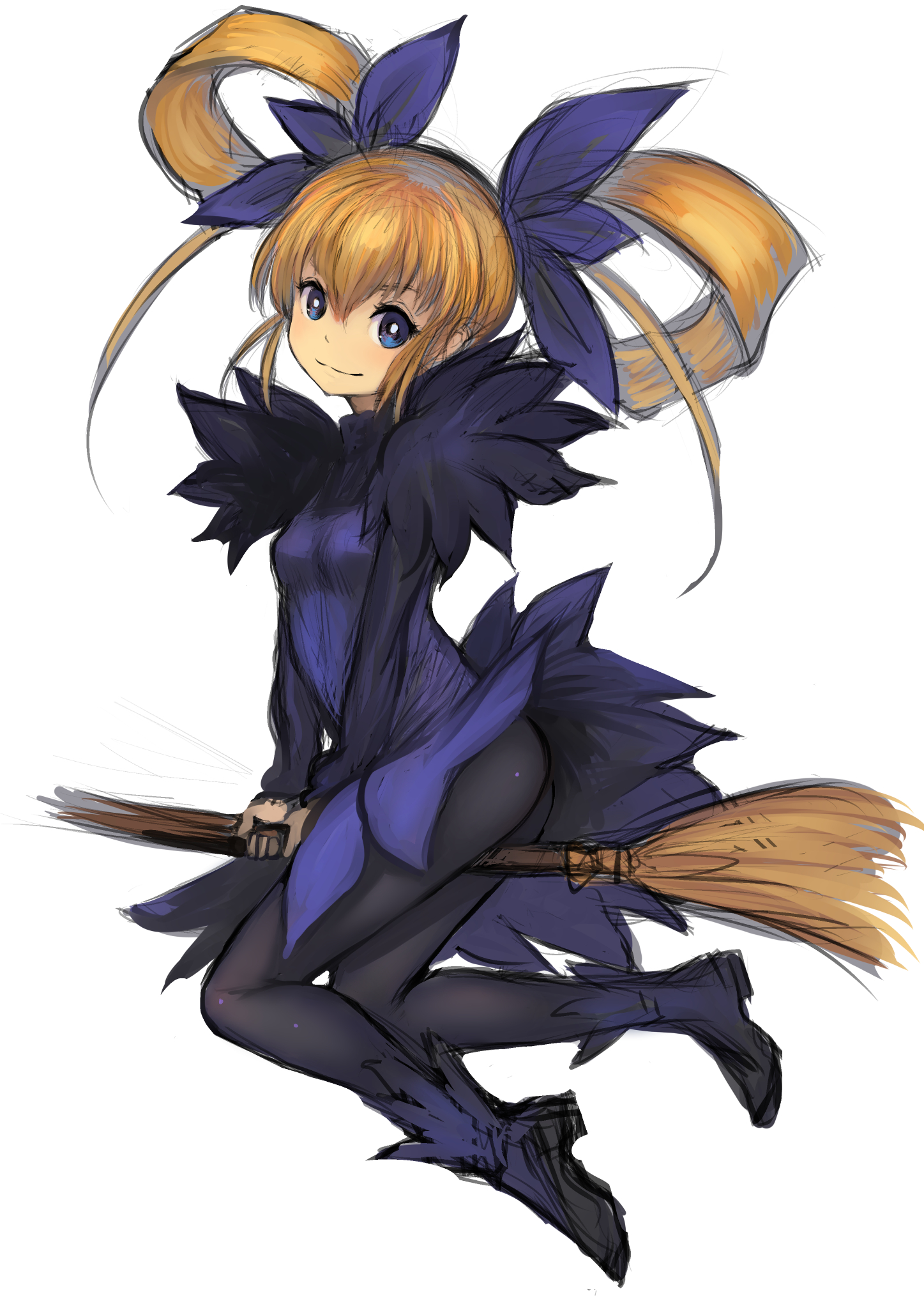 johan (johan13), marion, gunbird, commentary request, highres, 1girl, ass, black pantyhose, blonde hair, blue boots, blue dress, blue eyes, blue ribbon, boots, breasts, bright pupils, broom, broom riding, dress, full body, hair ribbon, hair rings, long hair, looking at viewer, pantyhose, ribbon, sidelocks, simple background, small breasts, smile, solo, white background, white pupils