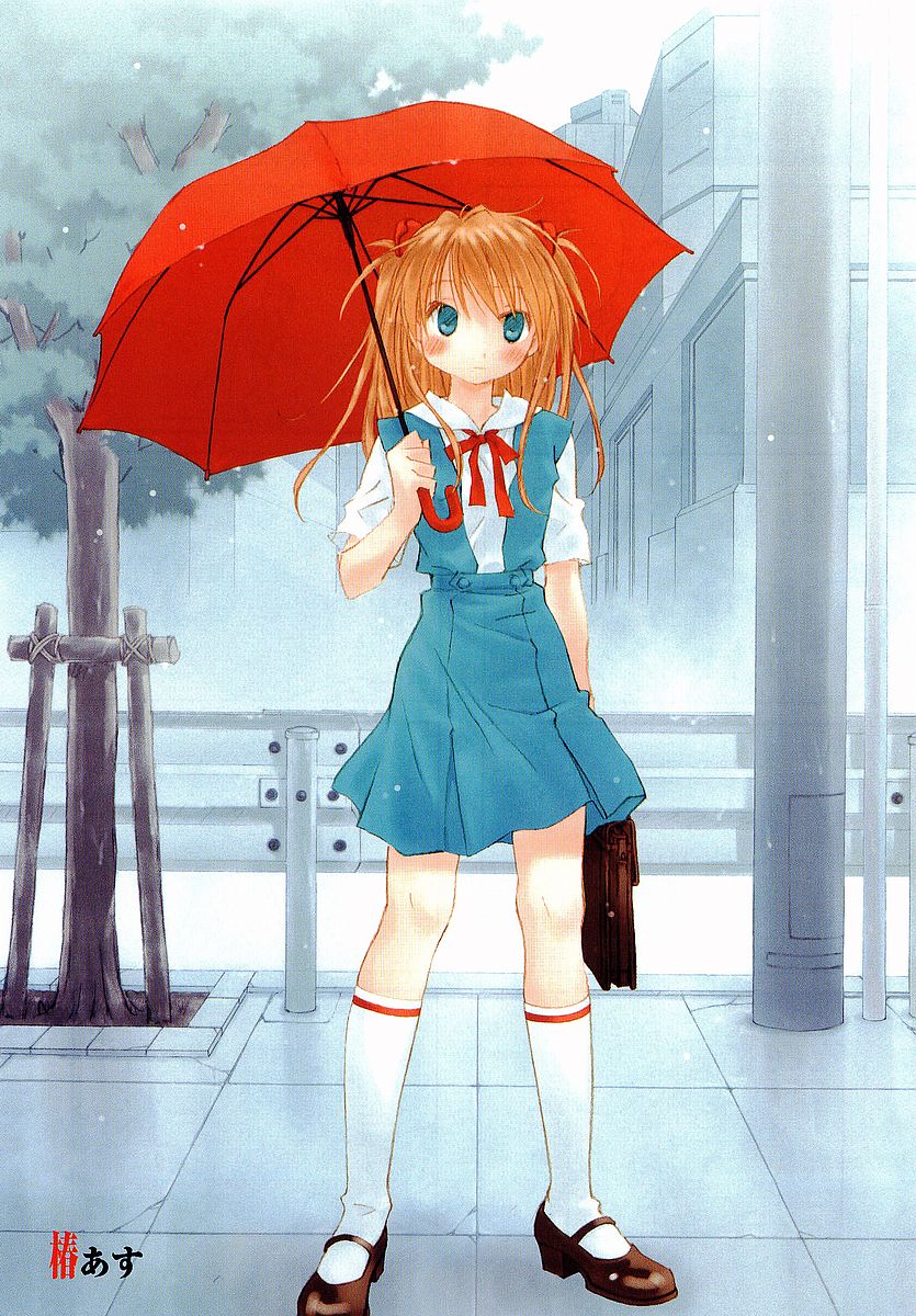 tsubaki asu, souryuu asuka langley, neon genesis evangelion, highres, scan, 1girl, female focus, kneehighs, school uniform, socks, solo, umbrella