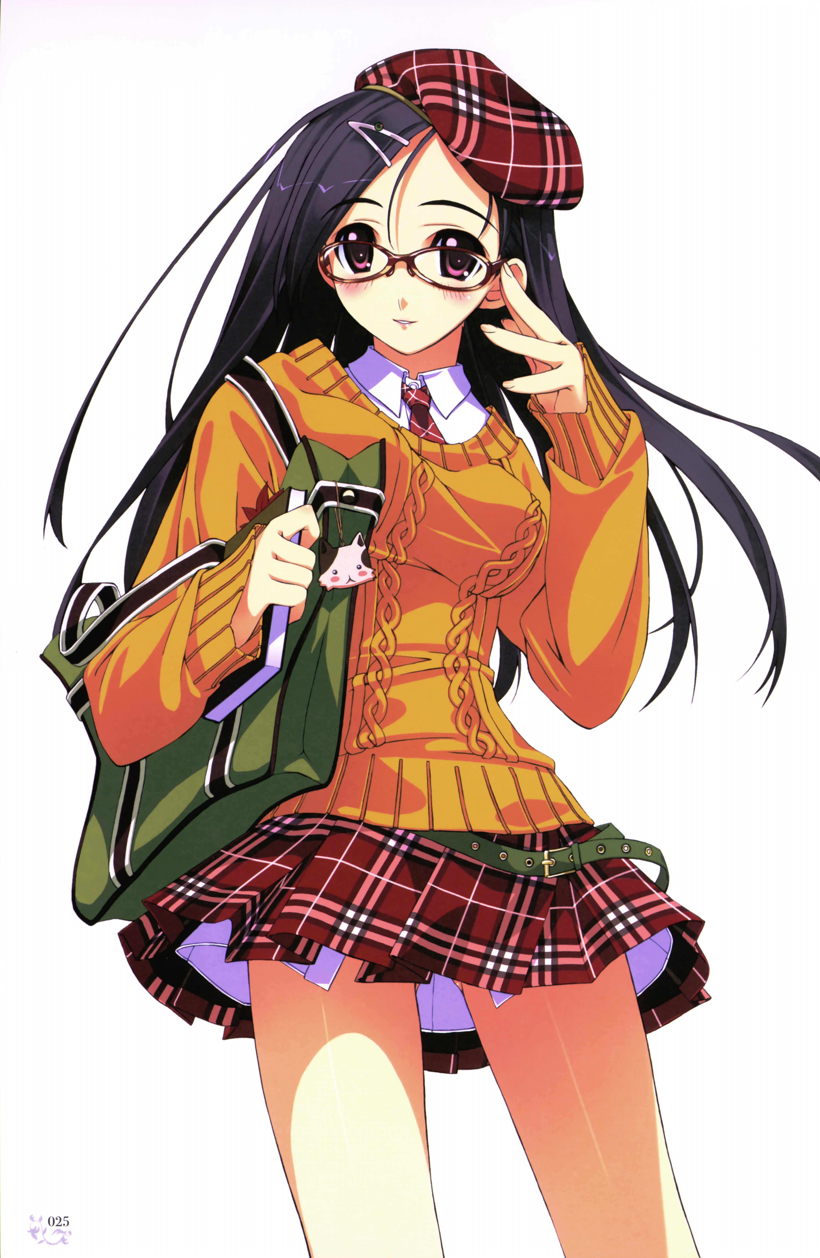murakami suigun, absurdres, highres, 1girl, bag, beret, black hair, blush, book, female focus, glasses, hair ornament, hairclip, hat, long hair, miniskirt, necktie, orange shirt, purple eyes, school uniform, shirt, skirt, solo, sweater