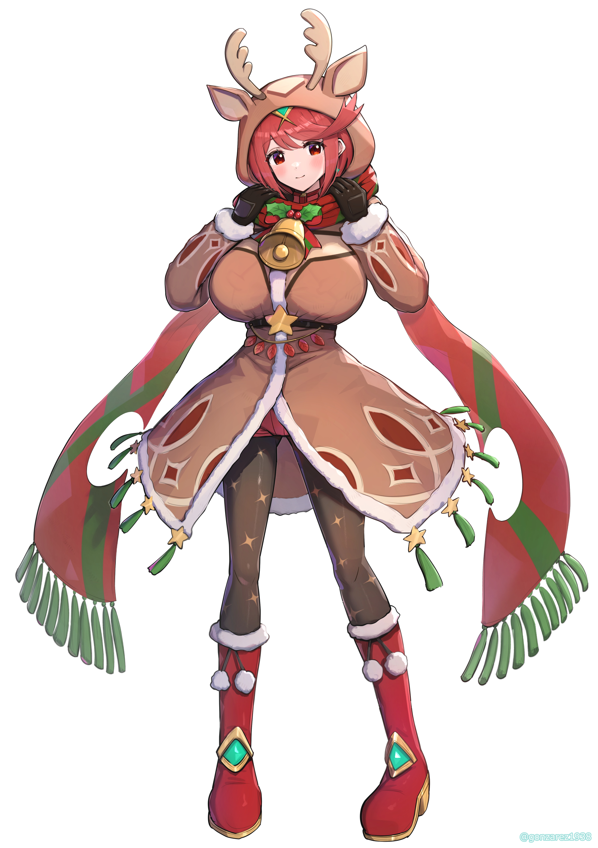 gonzarez, pyra (xenoblade), xenoblade chronicles (series), xenoblade chronicles 2, absurdres, commentary request, highres, 1girl, alternate costume, animal costume, antlers, bell, boots, breasts, horns, large breasts, pantyhose, platform, red boots, red eyes, red hair, reindeer antlers, reindeer costume, scarf, snow, solo, white background
