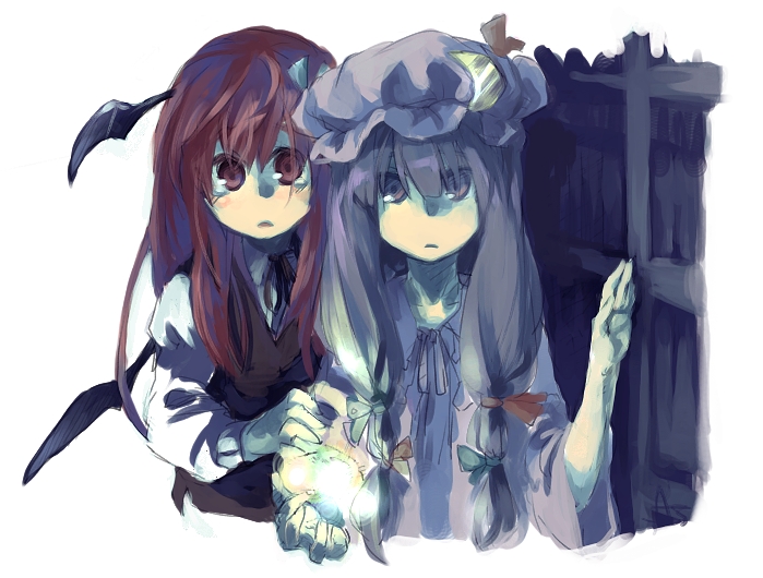 koakuma, patchouli knowledge, embodiment of scarlet devil, touhou, artist request, 2girls, bat wings, book, bookshelf, female focus, hat, head wings, multiple girls, purple eyes, purple hair, red eyes, red hair, scared, tears, wings