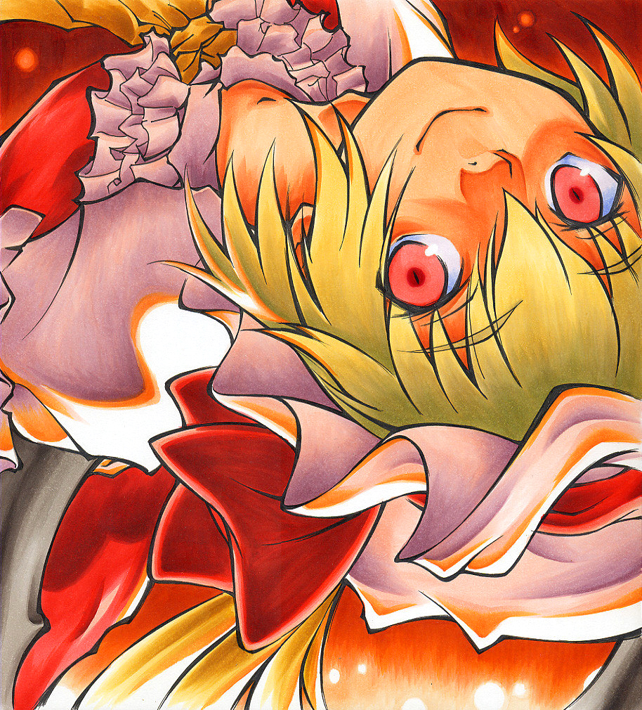 calnarsa, flandre scarlet, embodiment of scarlet devil, touhou, bad id, bad pixiv id, marker (medium), traditional media, 1girl, blonde hair, female focus, hat, red eyes, shikishi, smile, solo, upside-down