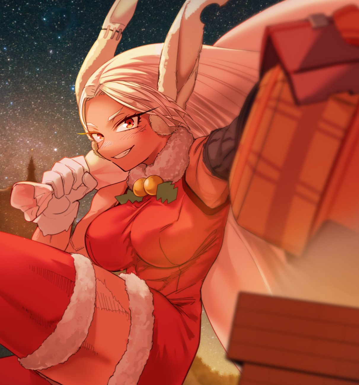 hiromago, mirko, boku no hero academia, commentary request, highres, 1girl, animal ears, bare shoulders, bell, blush, breasts, chimney, dark-skinned female, dark skin, dress, facial scar, fur-trimmed dress, fur-trimmed thighhighs, fur collar, fur trim, gift, gloves, grin, holding, holding gift, holding sack, large breasts, long eyelashes, long hair, looking at viewer, mechanical arms, mechanical ears, midair, neck bell, night, notched ear, outstretched arm, parted bangs, rabbit ears, rabbit girl, red dress, red eyes, red thighhighs, sack, santa costume, santa dress, scar, scar on cheek, scar on face, scar on thighs, single mechanical arm, sleeveless, sleeveless dress, smile, solo, thick thighs, thighhighs, thighs, toned, toned female, very long hair, white gloves, white hair