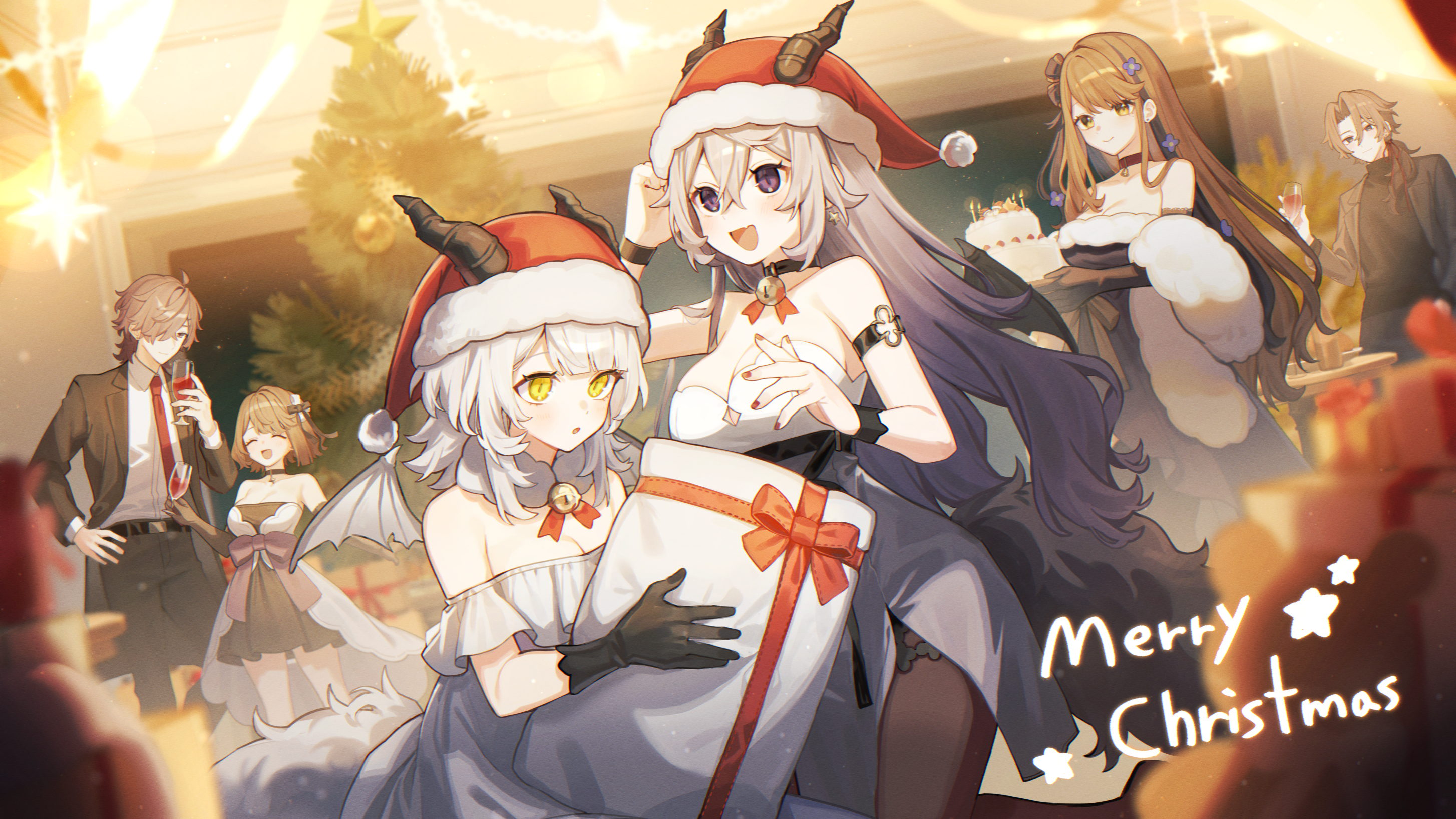 kino (m6t2a), original, commentary request, highres, 2boys, 4girls, bare shoulders, bell, black gloves, black jacket, black pants, breasts, brown eyes, brown hair, cake, choker, christmas tree, cleavage, cup, dress, drinking glass, food, gloves, grey hair, hat, holding, holding cake, holding food, horns, jacket, jingle bell, long hair, merry christmas, multiple boys, multiple girls, neck bell, pants, pillow, purple eyes, santa hat, strapless, strapless dress, wine glass, yellow eyes