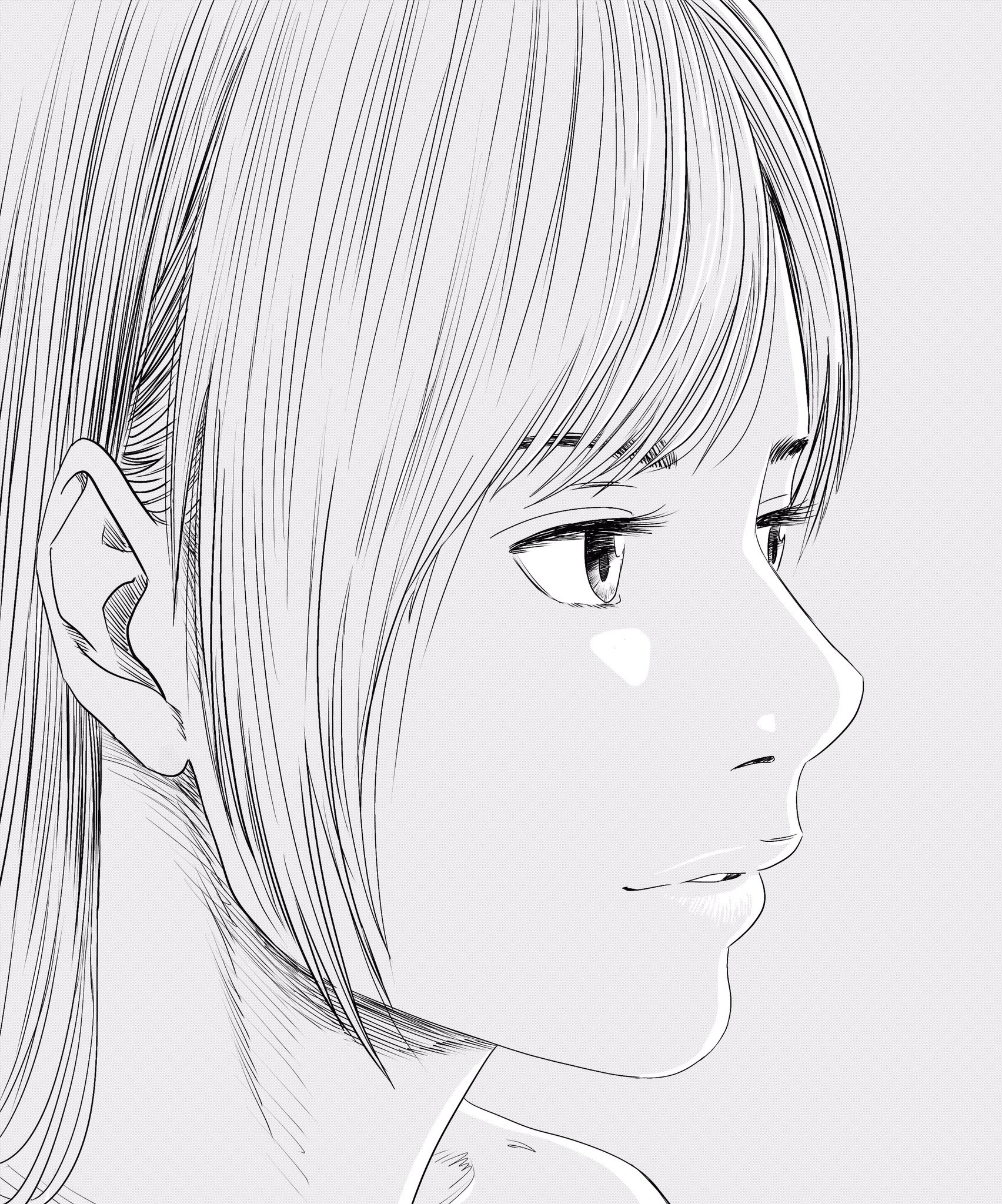 lee (dragon garou), original, commentary request, highres, 1girl, bare shoulders, eyebrows hidden by hair, eyelashes, from side, greyscale, hair behind ear, hatching (texture), lips, monochrome, parted lips, portrait, solo