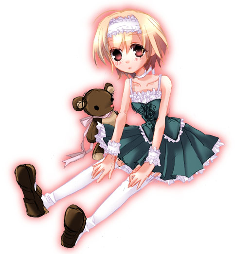 ico (pekoguest), houjou satoko, higurashi no naku koro ni, 00s, blonde hair, brown eyes, dress, frills, hairband, ribbon, solo, stuffed animal, stuffed toy, teddy bear, thighhighs