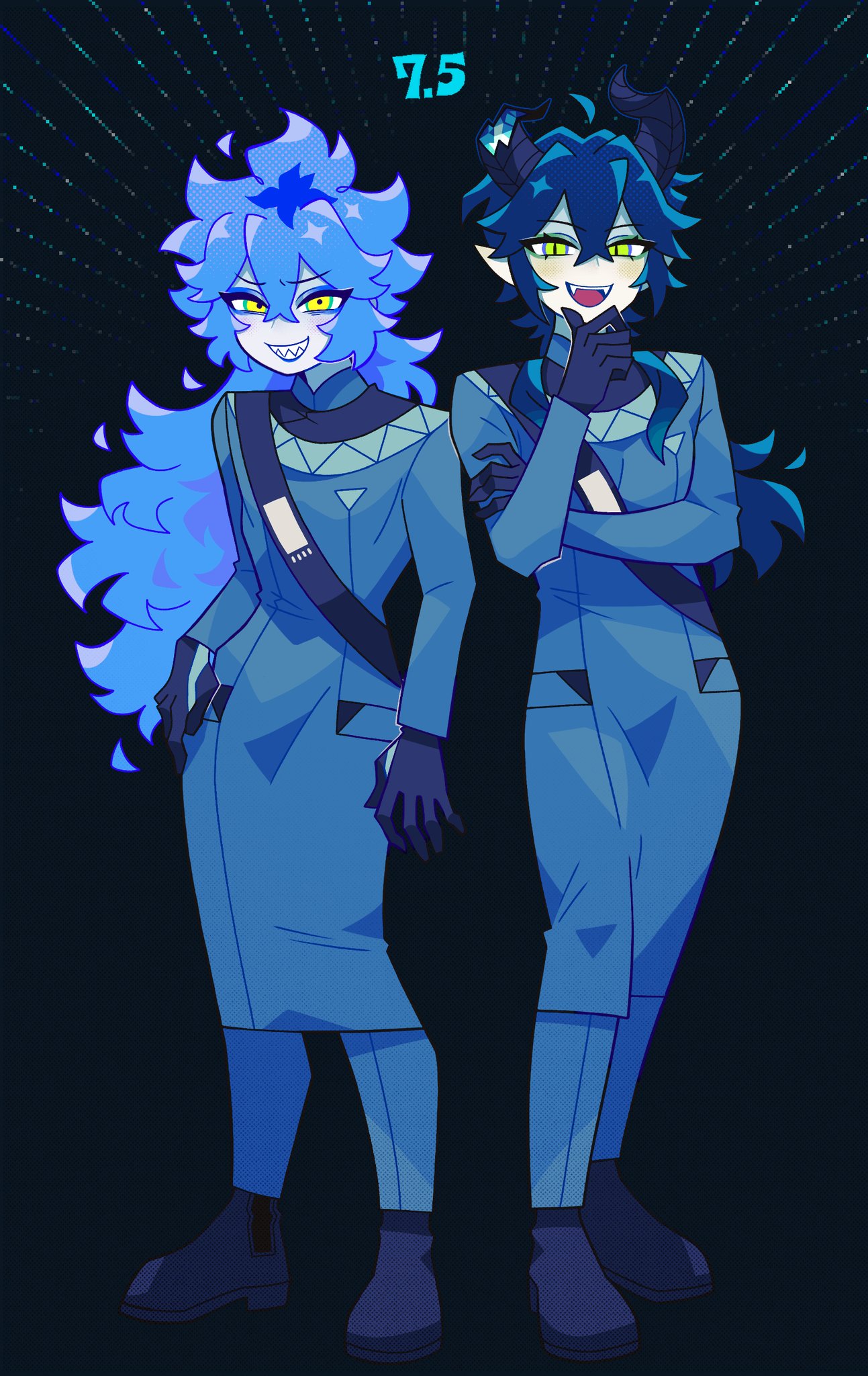 idia shroud, malleus draconia, twisted wonderland, commentary, highres, spoilers, symbol-only commentary, 2boys, 3d tansoku, ahoge, arm at side, black background, black boots, black gloves, black hair, black horns, black sash, blue coat, blue eyeshadow, blue hair, blue lips, blue pants, boots, broken horn, coat, contrapposto, dress pants, emphasis lines, eyeshadow, fangs, fiery hair, full body, furrowed brow, gloves, green eyes, grey eyeshadow, grin, hair between eyes, halftone, halftone background, hand on own arm, hand on own chin, hand on own hip, horns, legs apart, legs together, light blush, long hair, long sleeves, looking at viewer, makeup, male focus, mandarin collar, multiple boys, narrowed eyes, open mouth, pale skin, pants, pointy ears, raised inner eyebrows, s.t.y.x. employee uniform, sash, sharp teeth, shoulder sash, side-by-side, slit pupils, smile, standing, teeth, very long hair, wolf cut, yellow eyes