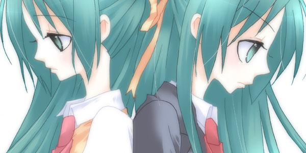 ico (pekoguest), sonozaki mion, sonozaki shion, higurashi no naku koro ni, 00s, 2girls, back-to-back, green eyes, green hair, multiple girls, ribbon, siblings, sisters, twins