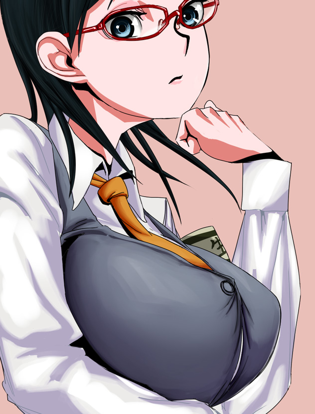 gamma ray burst, kotozuka fumie, sora no manimani, 00s, 1girl, black hair, blue eyes, breasts, female focus, glasses, large breasts, necktie, simple background, solo