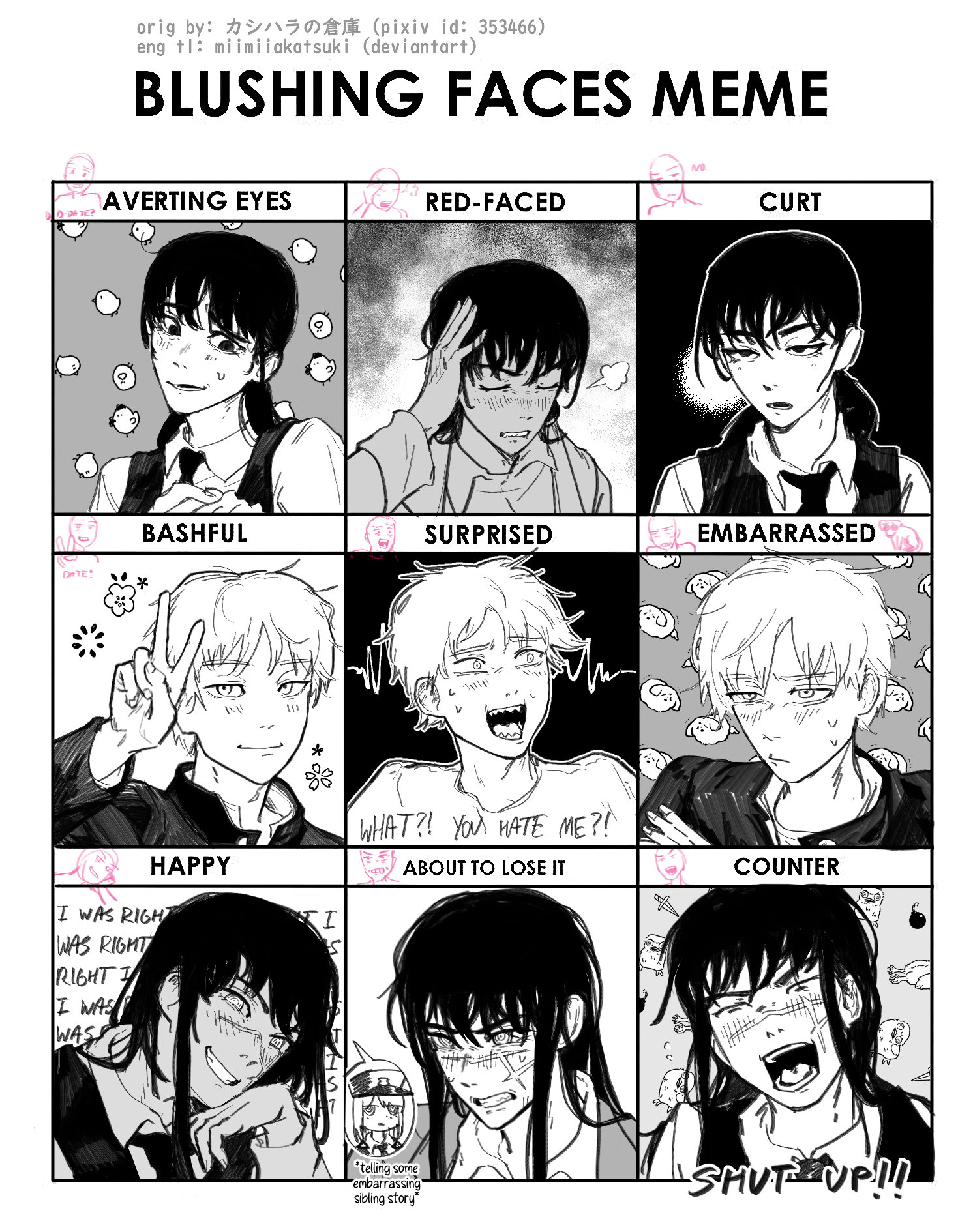 spect ion, denji (chainsaw man), fami (chainsaw man), mitaka asa, war devil (chainsaw man), yoru (chainsaw man), chainsaw man, alt text, commentary, english commentary, highres, 1boy, 3girls, bomb, chart, clenched teeth, closed eyes, criss-cross halter, english text, explosive, facial scar, grin, halterneck, knife, low twintails, multiple girls, necktie, open mouth, scar, scar on cheek, scar on face, scar on nose, sharp teeth, smile, sweatdrop, teeth, twintails