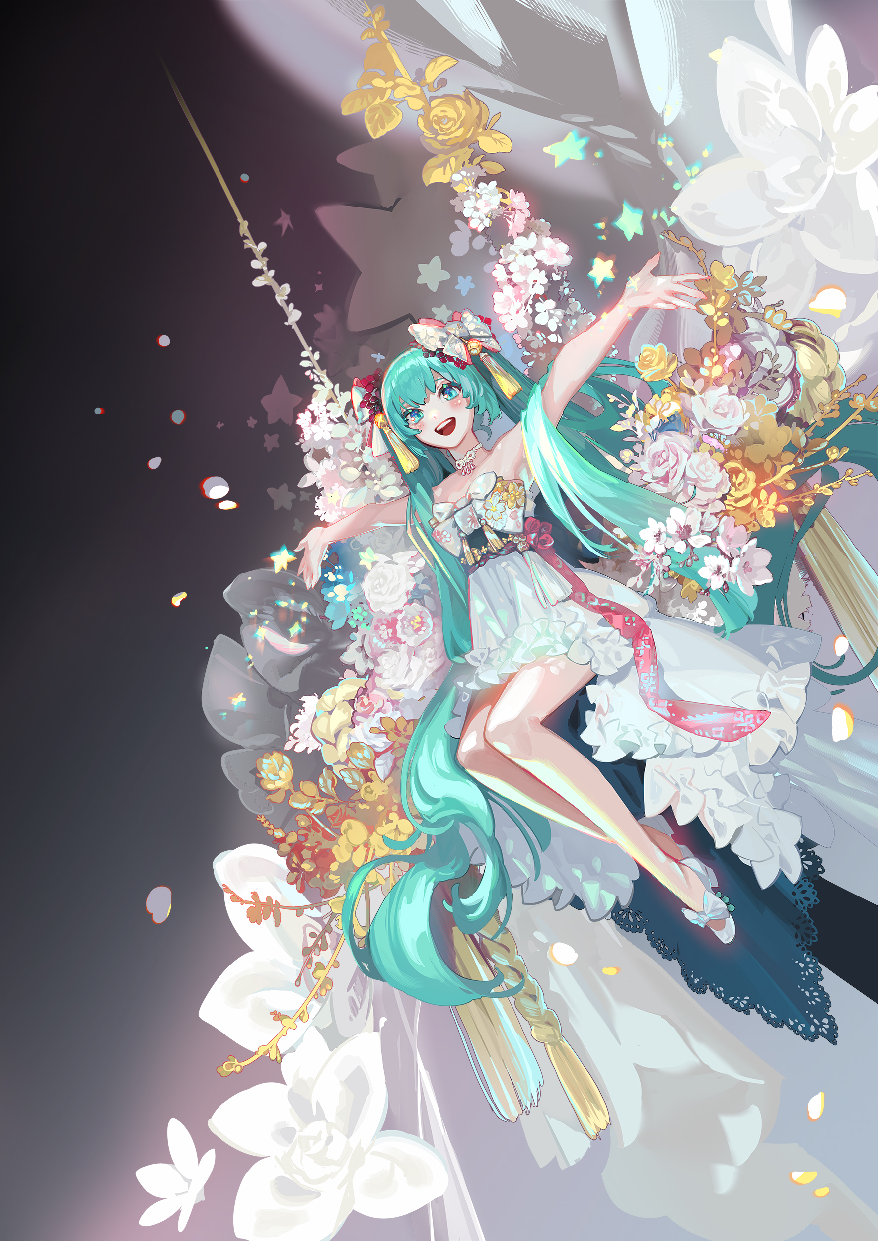 kabi (kb), hatsune miku, vocaloid, absurdres, commentary request, highres, 1girl, aqua eyes, aqua hair, armpits, arms up, blush, bow, breasts, collarbone, dress, full body, hair between eyes, hair bow, high heels, long hair, medium breasts, open mouth, smile, strapless, strapless dress, twintails, very long hair, white bow, white dress