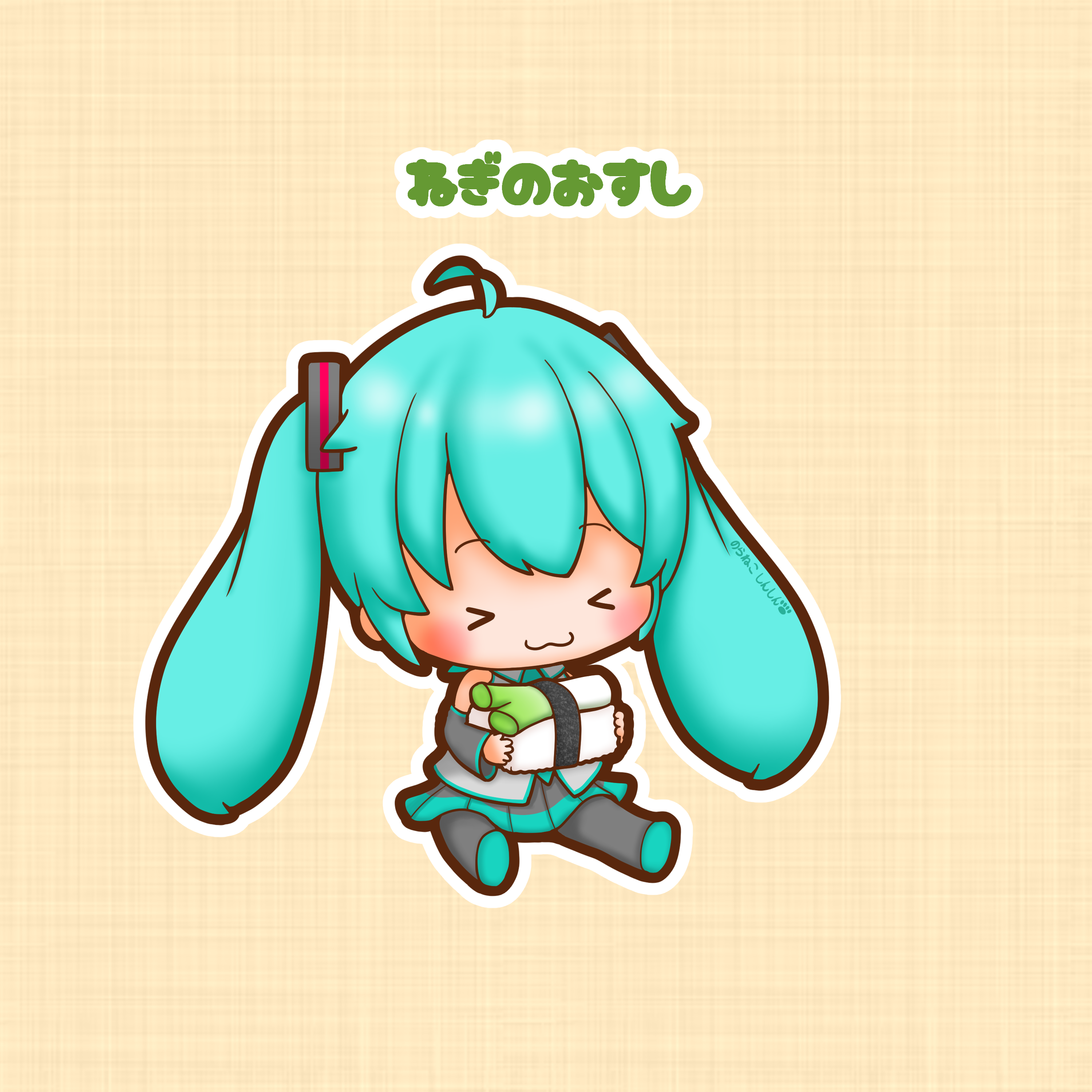 sh1n chan, hatsune miku, vocaloid, absurdres, commentary request, highres, > <, 1girl, :3, ahoge, aqua hair, chibi, chibi only, closed eyes, closed mouth, fish (food), food, full body, holding, holding food, nigirizushi, outline, sitting, solo, spring onion, sushi, thick outlines, twintails, white outline