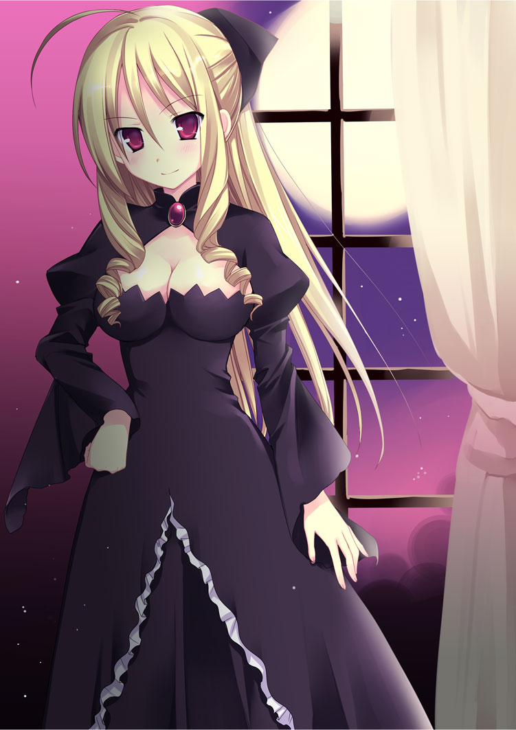 chany, tennousu athena, hayate no gotoku!, 00s, 1girl, blonde hair, breasts, cleavage, dress, female focus, gown, long hair, medium breasts, moon, red eyes, solo, window