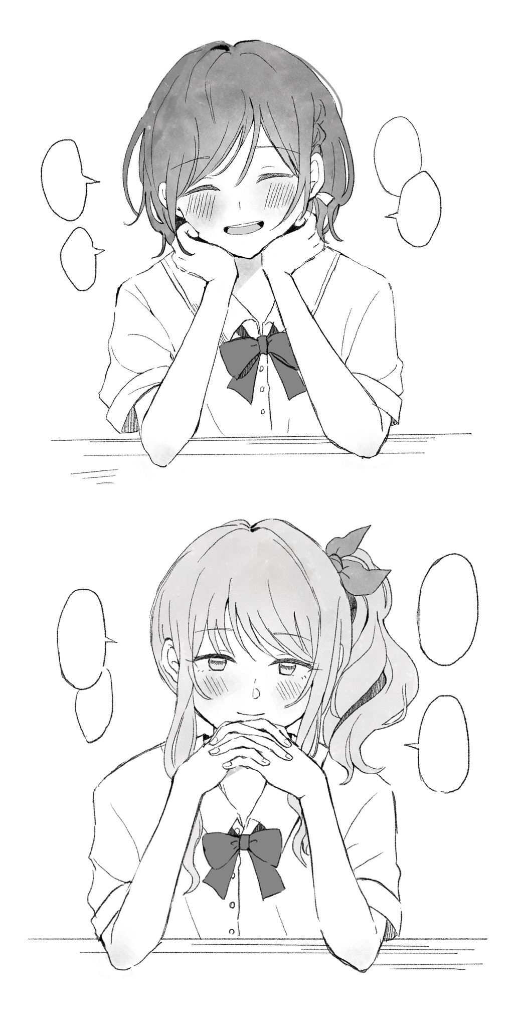 kyline, akiyama mizuki, shinonome ena, project sekai, commentary request, highres, 1girl, 1other, blank speech bubble, blush, bow, bowtie, closed mouth, collared shirt, elbow rest, facing viewer, greyscale, hair ribbon, hands on own face, hands up, head rest, interlocked fingers, looking at viewer, monochrome, open mouth, own hands clasped, own hands together, parted bangs, ribbon, shirt, short hair, short sleeves, side ponytail, sidelocks, simple background, smile, speech bubble, swept bangs, teeth, upper teeth only, white background