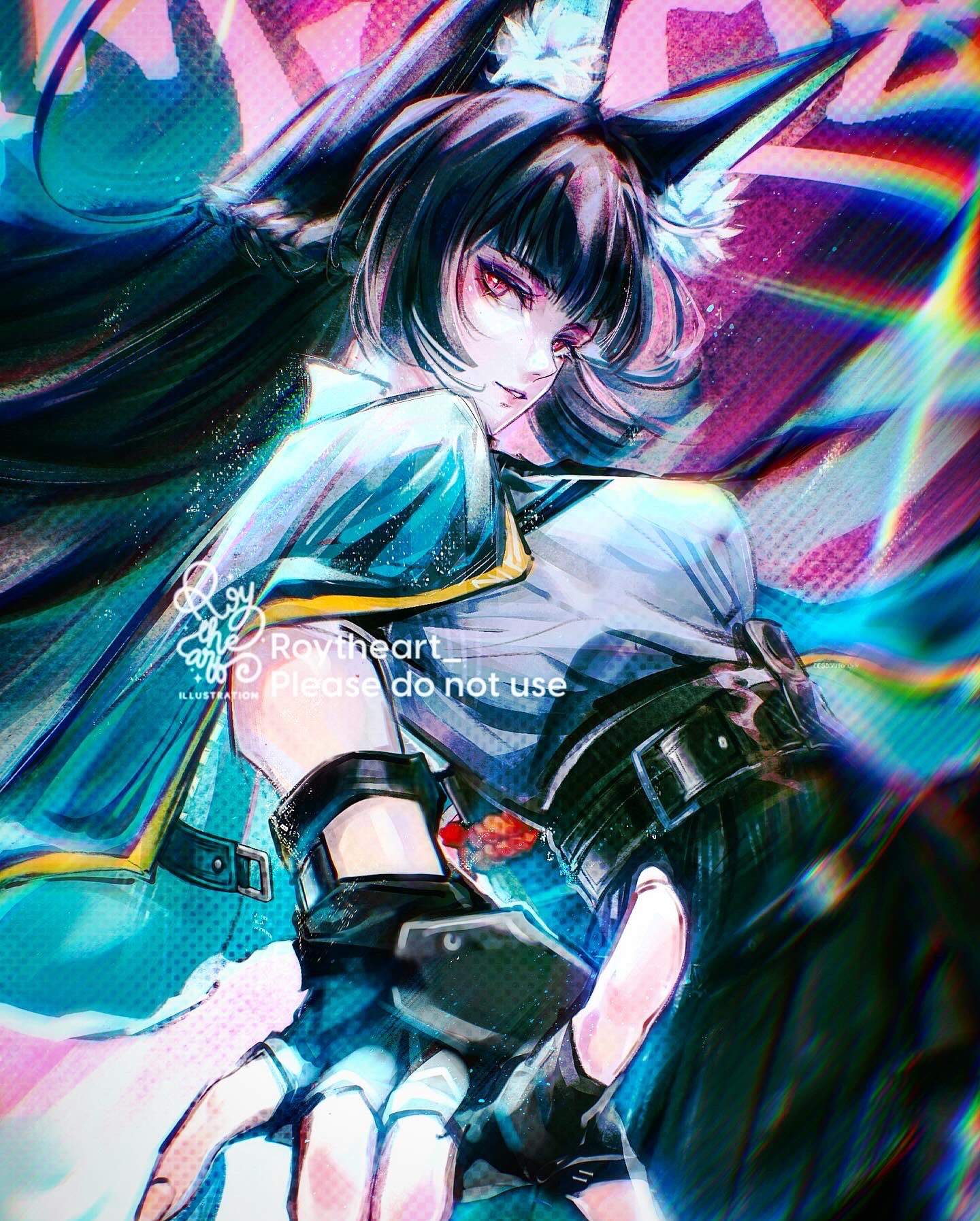 roytheart, hoshimi miyabi, zenless zone zero, hashtag-only commentary, highres, 1girl, animal ear fluff, animal ears, black hair, black necktie, black skirt, blunt bangs, breasts, closed mouth, fox ears, fox girl, gloves, jacket, long hair, looking at viewer, necktie, red eyes, shirt, sidelocks, skirt, solo, white shirt