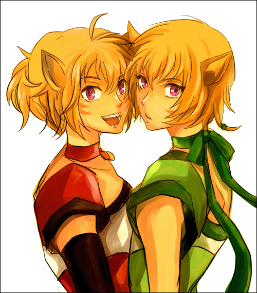 lethe (fire emblem), lyre (fire emblem), fire emblem, fire emblem: radiant dawn, nintendo, 2girls, animal ears, breast press, breasts, cat ears, choker, elbow gloves, gloves, laguz (race), lips, multiple girls, open mouth, orange hair, purple eyes, ribbon, short hair, siblings, sisters, smile, symmetrical docking, twins